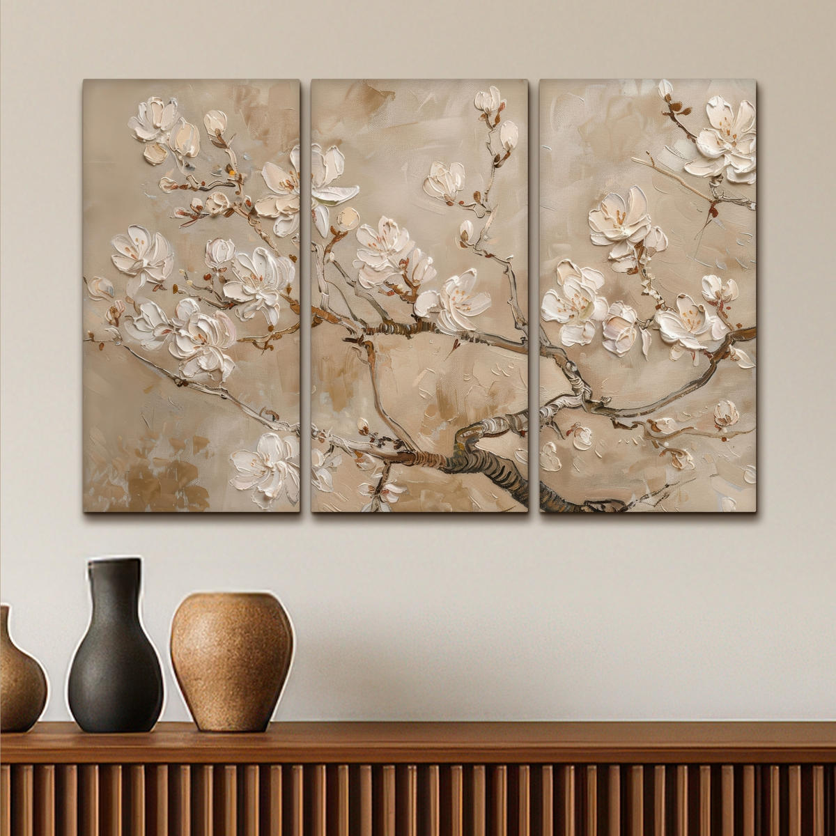 LEINWANDBILD 3er Set Beige - Blüte - Modern 90x60 cm - Greige, Textil (90/60cm) - MuchoWow