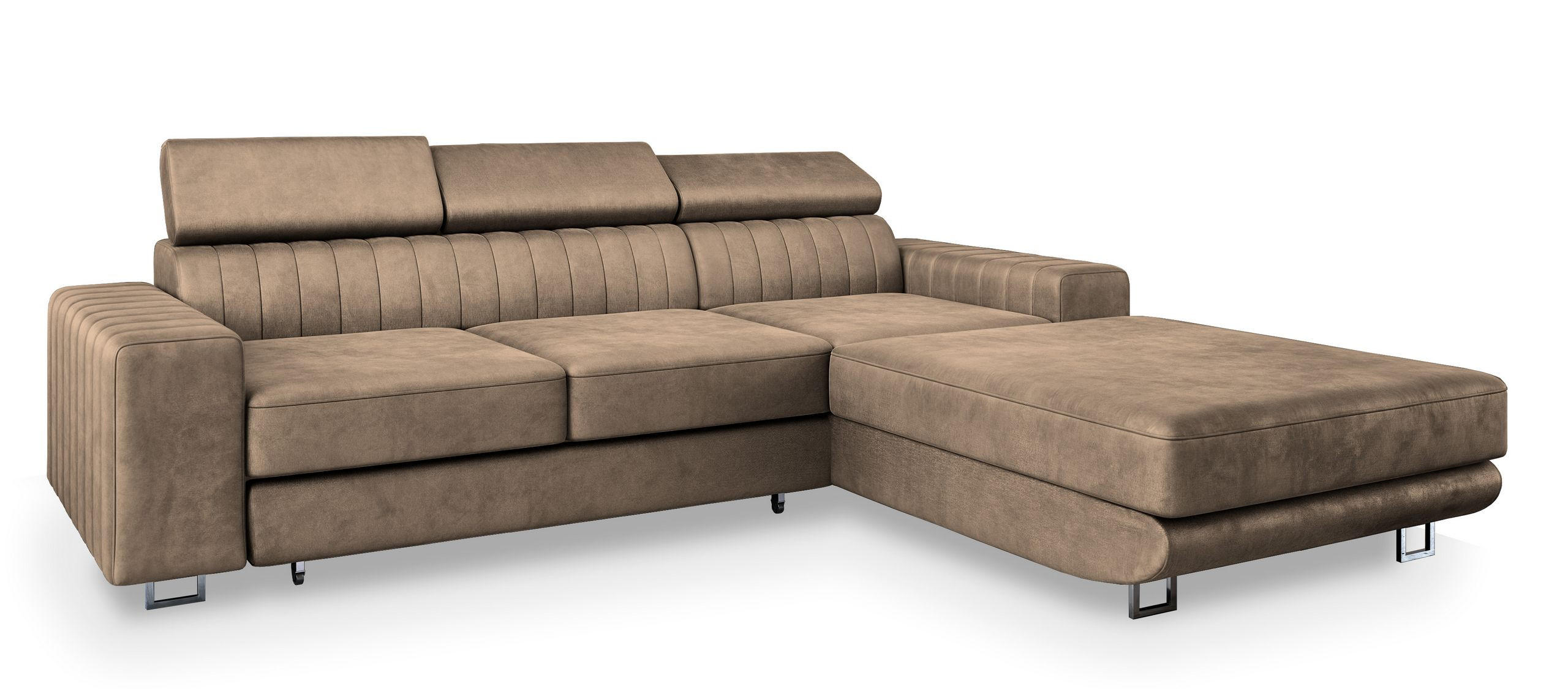 ECKSOFA NOTO R-S Beige Velours-Stoff mit Schlaffunktion - Beige, Holz (267/190cm) - MASSENO