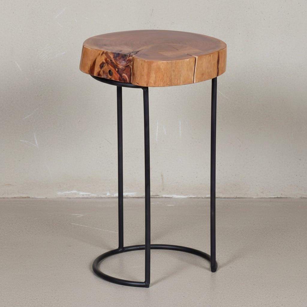 BEISTELLTISCH Massivholz Metallgestell Baumstammplatte Landhausstil INDI, Beige 28x28x45 cm - Beige/Schwarz, Holz/Metall (28/28/45cm) - KADIMA DESIGN