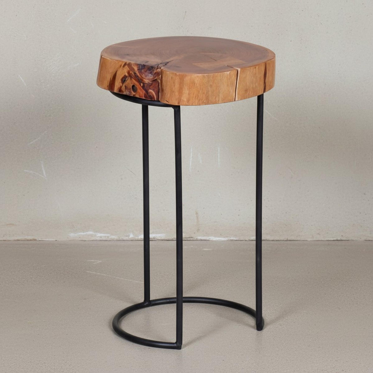 BEISTELLTISCH Massivholz Metallgestell Baumstammplatte Landhausstil INDI, Beige 28x28x45 cm - Beige/Schwarz, Holz/Metall (28/28/45cm) - KADIMA DESIGN