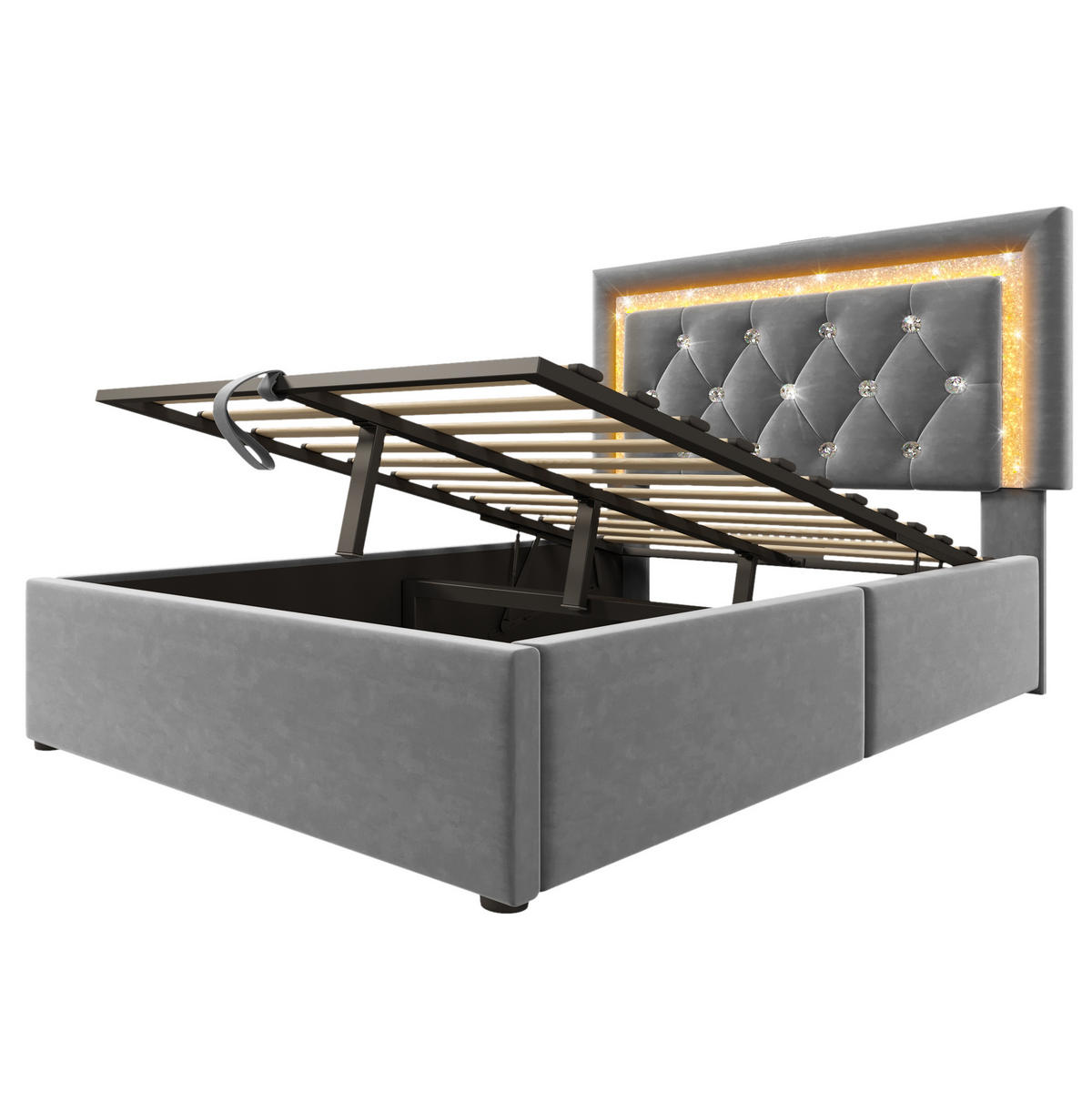 POLSTERBETT 90/200 cm mit LED-Beleuchtung, USB- und Type-C-Anschluss, hydraulischem Bettkasten aus Samt, Grau - Grau, Textil (90/200cm) - Redom