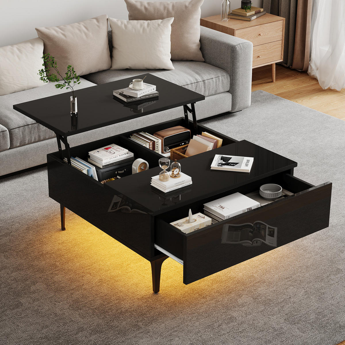 COUCHTISCH 70x70cm Schwarz Höhenverstellbar LED Hochglanz Versteckter Stauraum - Schwarz, Holz (92.08/50.8/17.15cm) - FLIEKS