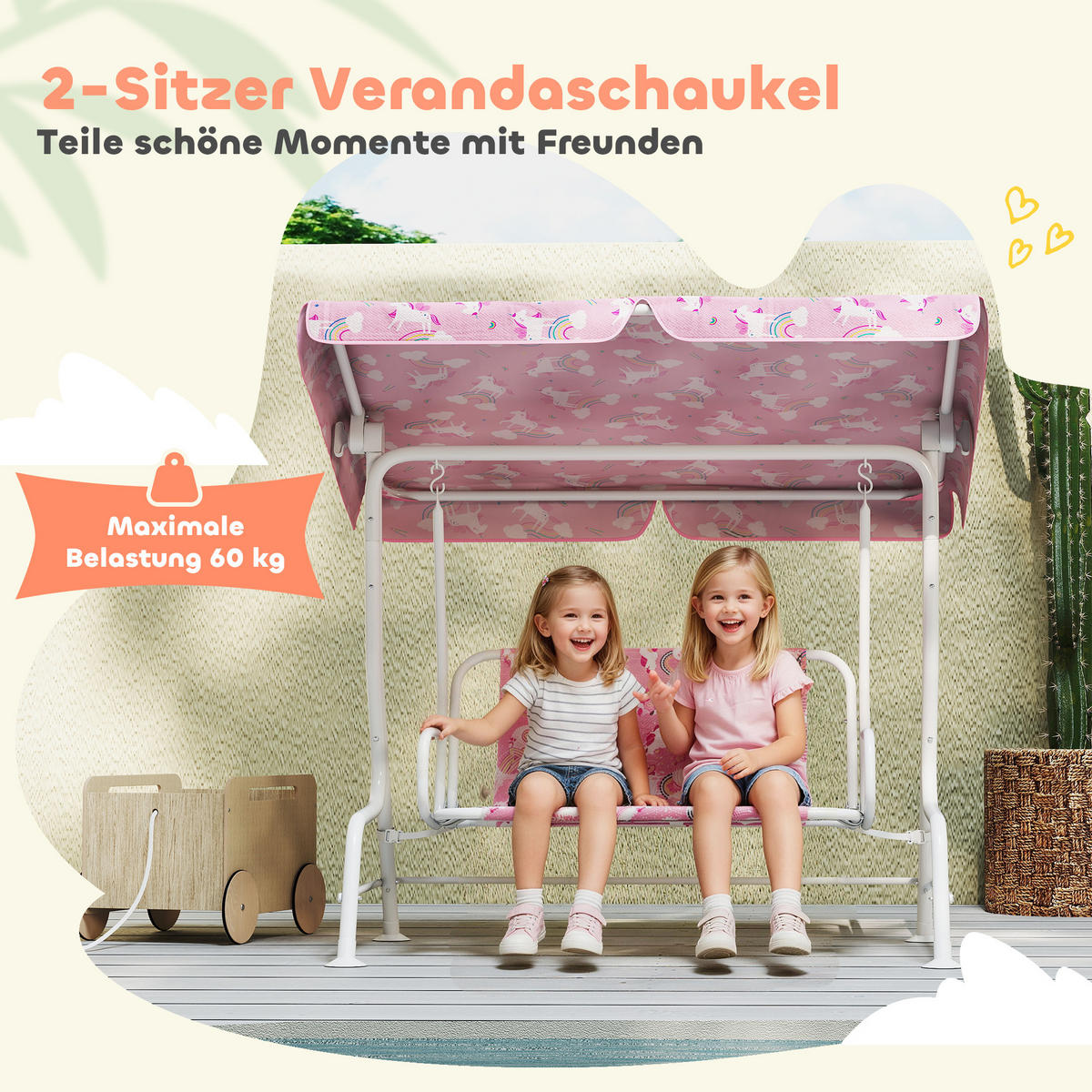 KINDER Hollywoodschaukel, 2-Sitzer Kinderschaukel mit verstellbarem Sonnendach - Rosa/Weiß, Textil/Metall (75/120/112cm) - AIYAPLAY