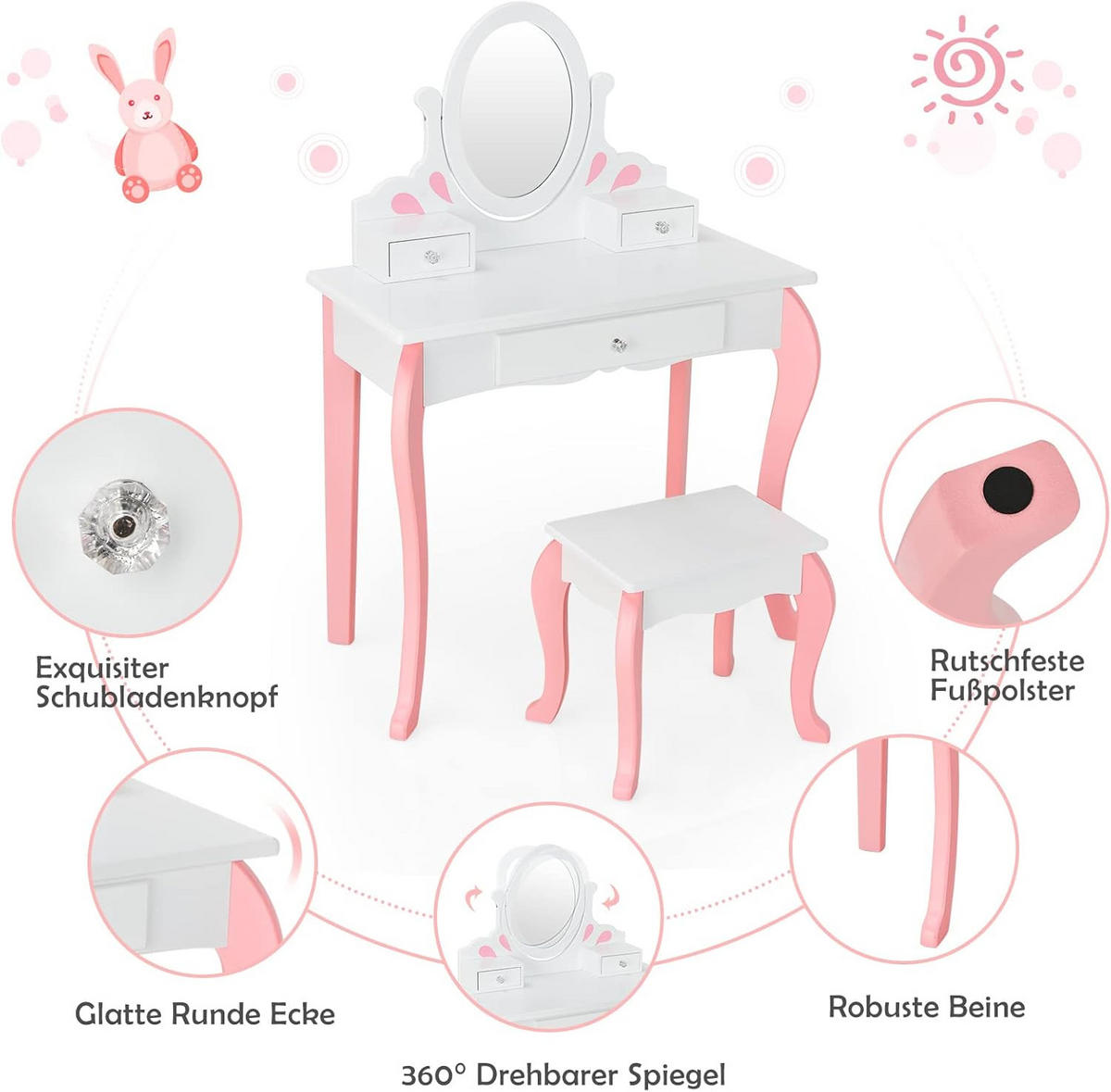KINDER SCHMINKTISCH mit Hocker Weiß - Weiß, Holz (34/100/70cm) - COSTWAY