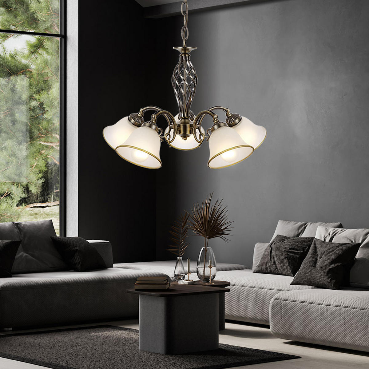 KRONLEUCHTER ODIN Messing 5-flammig - Messingfarben, Glas (60/60/120cm) - Globo Lighting