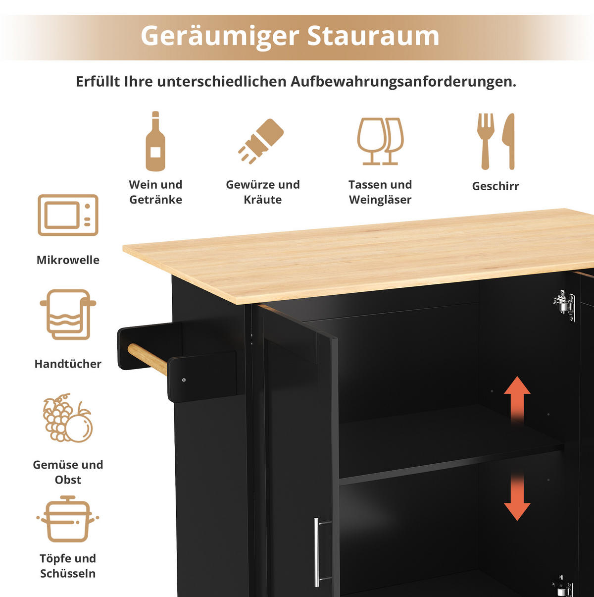 KÜCHENINSEL 135/90/44(70) cm Schwarz/Natur aus MDF mit klappbarer Arbeitsplatte - Schwarz, Holzwerkstoff (44/90/135cm) - OKMYHOME