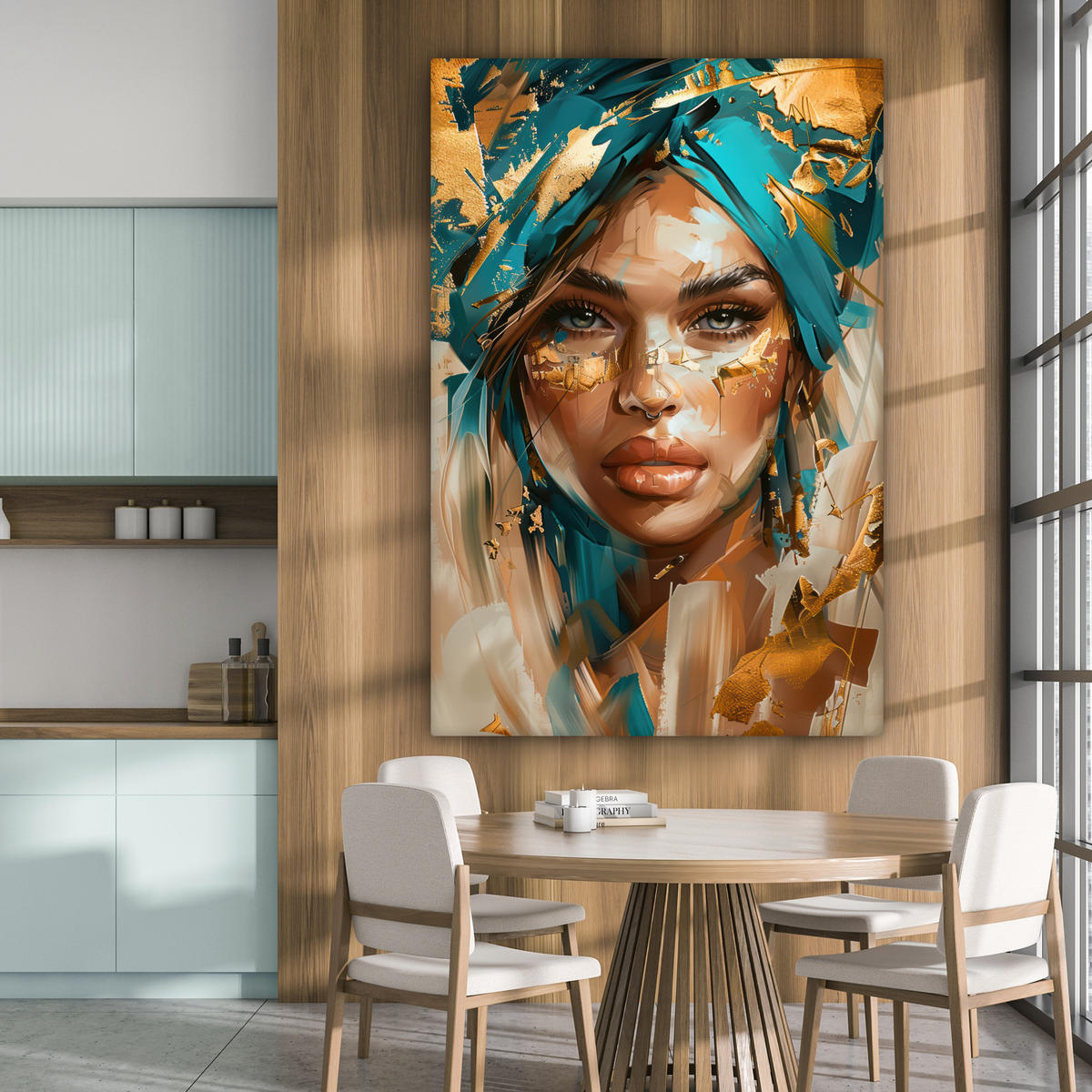 LEINWANDBILD Frau - Porträt - Gold - Luxus - Blau Deko Groß 90x140 cm - Türkis, Textil (90/140cm) - MuchoWow