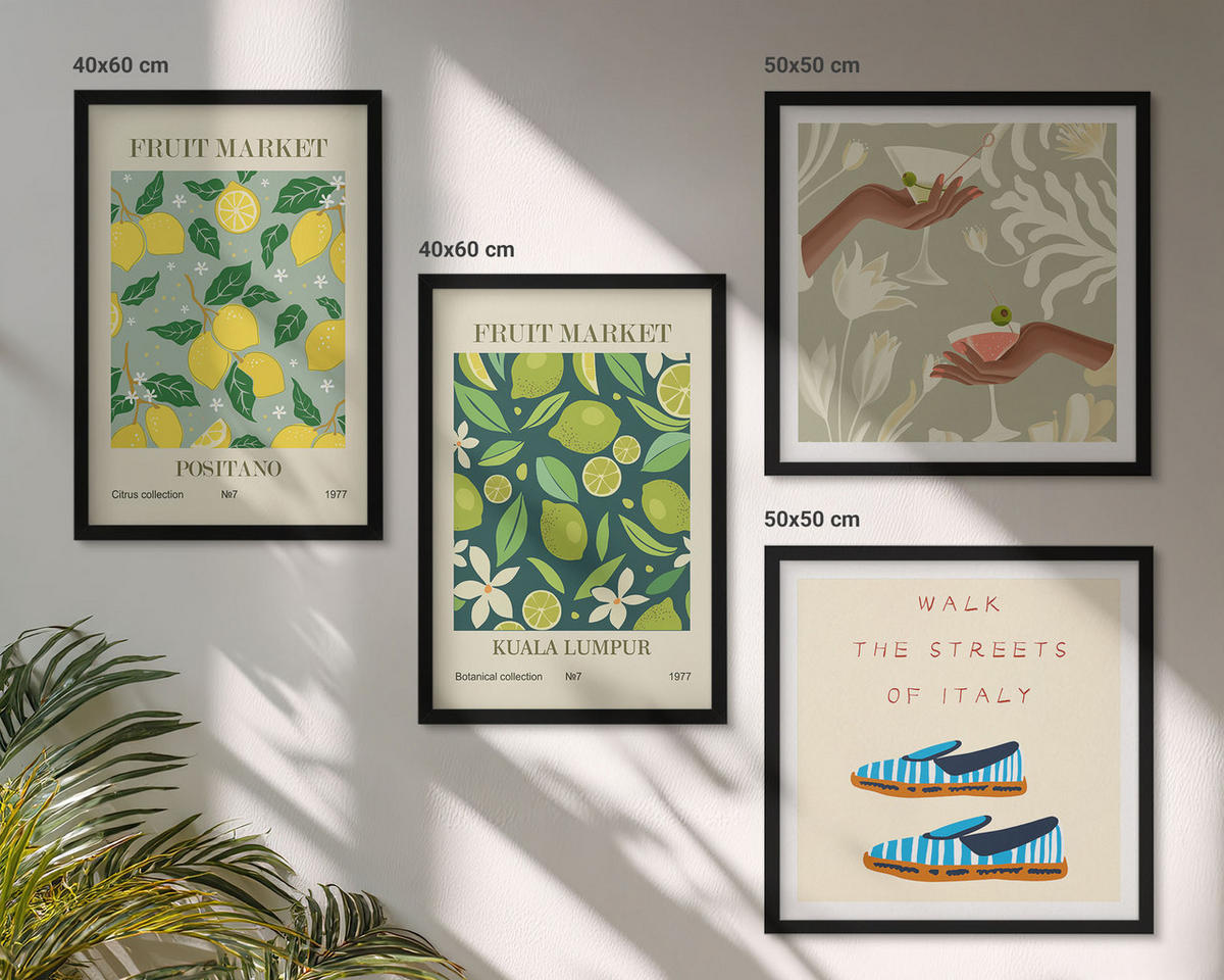 WANDBILDER 4er-Set - 50x50 cm & 40x60 cm Schwarzer Rahmen - Italienische Poster mit Fruchtmotiven - Schwarz, Kunststoff (50/50cm) - ArtPrintCave