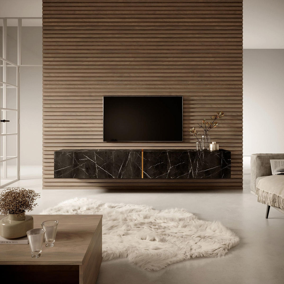 TV-LOWBOARD Bisira Schwarze Marmoroptik / Gold 200/30/32 cm - Schwarz, Holzwerkstoff (200/30/31.6cm) - Selsey