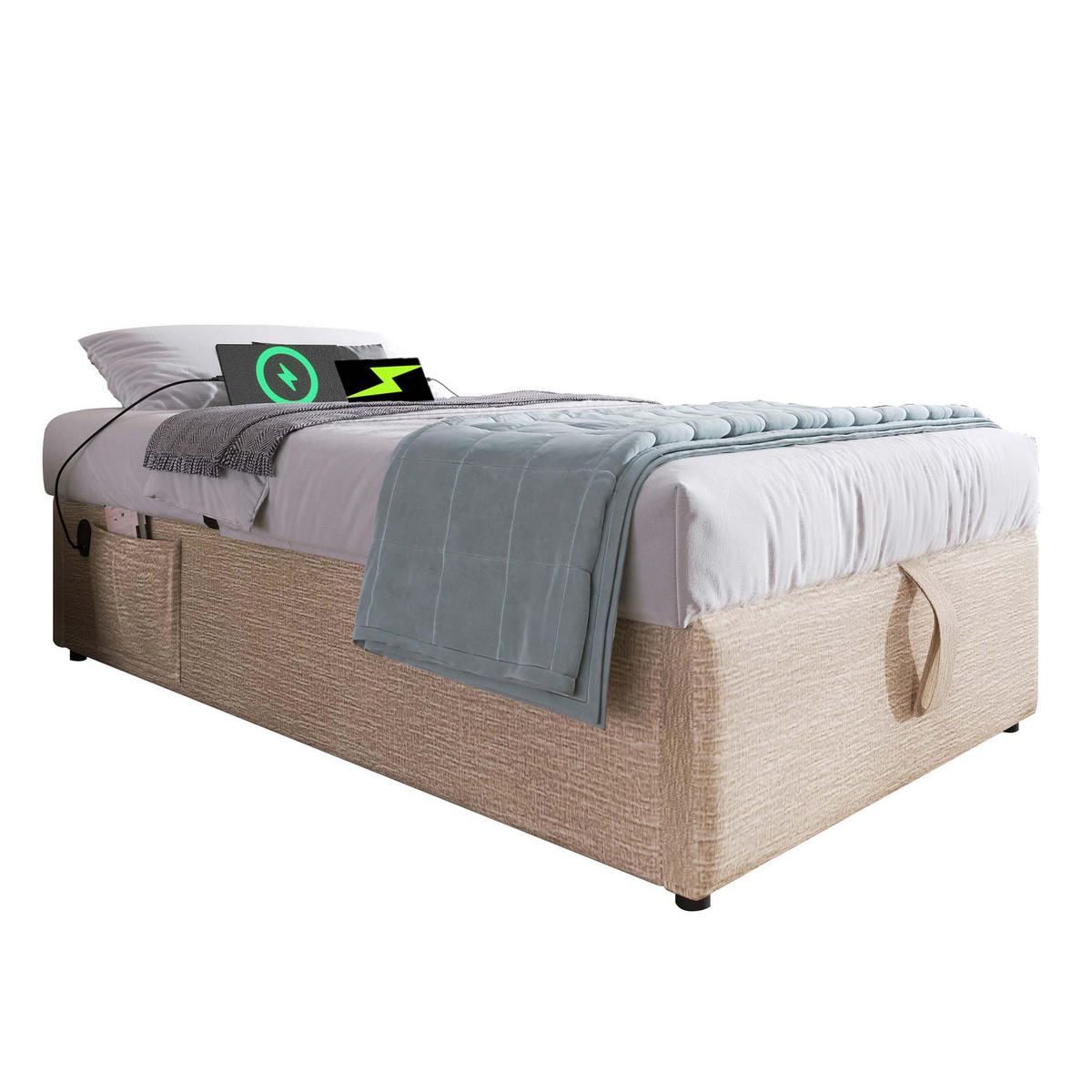 POLSTERBETT 90/200 cm mit Stauraum aus Leinen und USB-C-Anschluss - Beige, Textil (90/200cm) - OKWISH