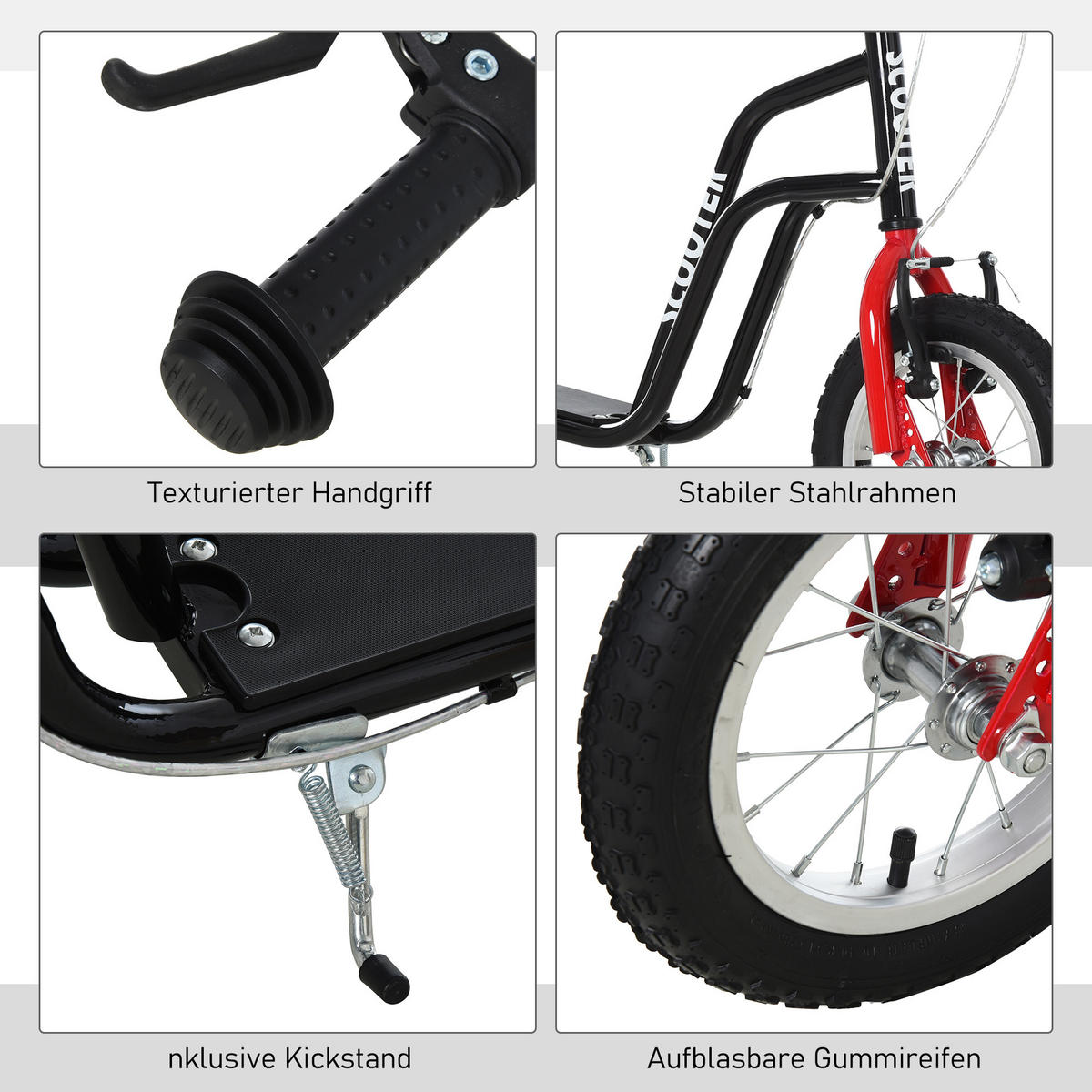 KINDERROLLER Lenker Verstellbar Tretroller mit Luftreifen 12 Zoll Schwarz - Schwarz, Metall (120/58/80cm) - HOMCOM