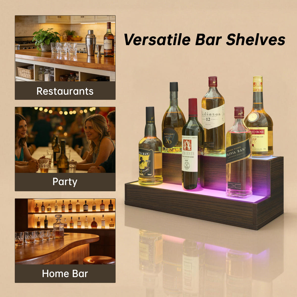 WEINREGAL 51/21/18 cm, Nussbaumfarben, Verbundholz, LED beleuchtet, App & Fernbedienung, 2-stufig, freistehend - Walnussfarben, Holzwerkstoff (51/18/21cm)