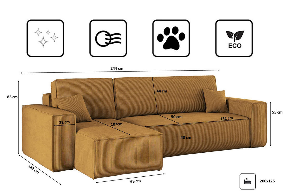 ECKSOFA Mit Schlaffunktion Und Bettkasten BEST Stoff Poso Dicker Cord Senffarbe Links - Gelb, Holz/Textil (142/244cm) - Kaiser Möbel