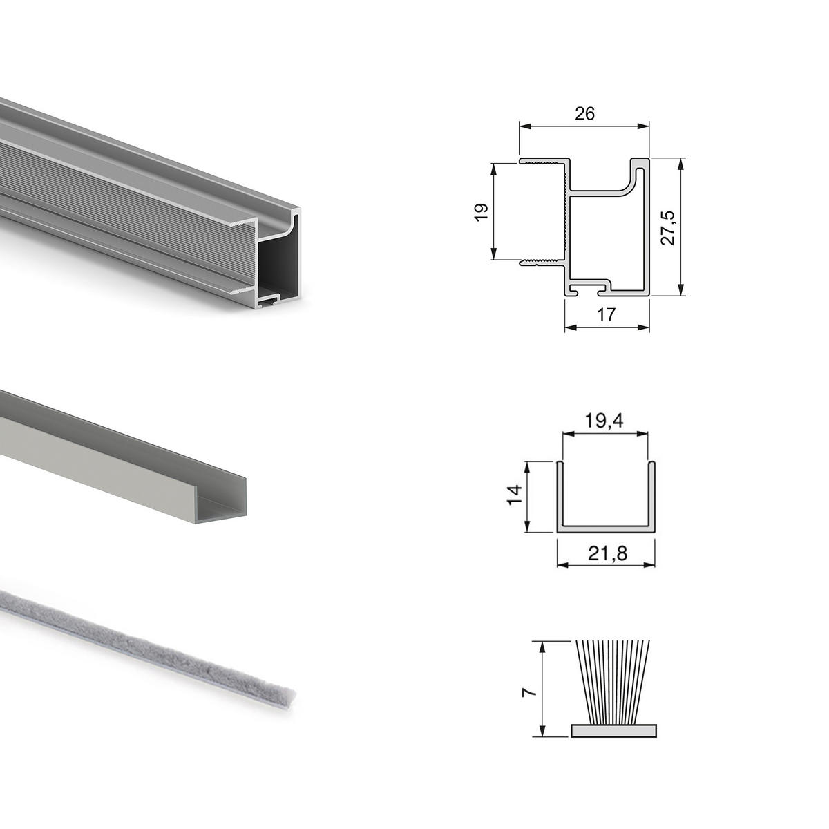 HARDWARE SET für Placard 74 2-Schiebe-Kleiderschrank mit sanftem Schliessen, Griff-Modell Sharp, Stärke 19mm, ohne Paneele, Matt eloxiert - Dunkelgrau, Metall (3.4/7.4/235cm) - EMUCA