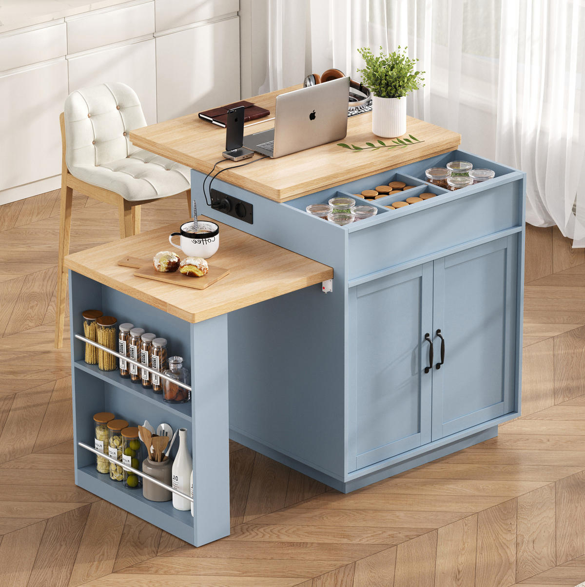 KÜCHENINSEL 125,5-187,5/71/93 cm aus MDF mit ausziehbarer Tischplatte und LED-Beleuchtung Blau - Hellblau, Holzwerkstoff (125.5/93/71cm) - Modenvie