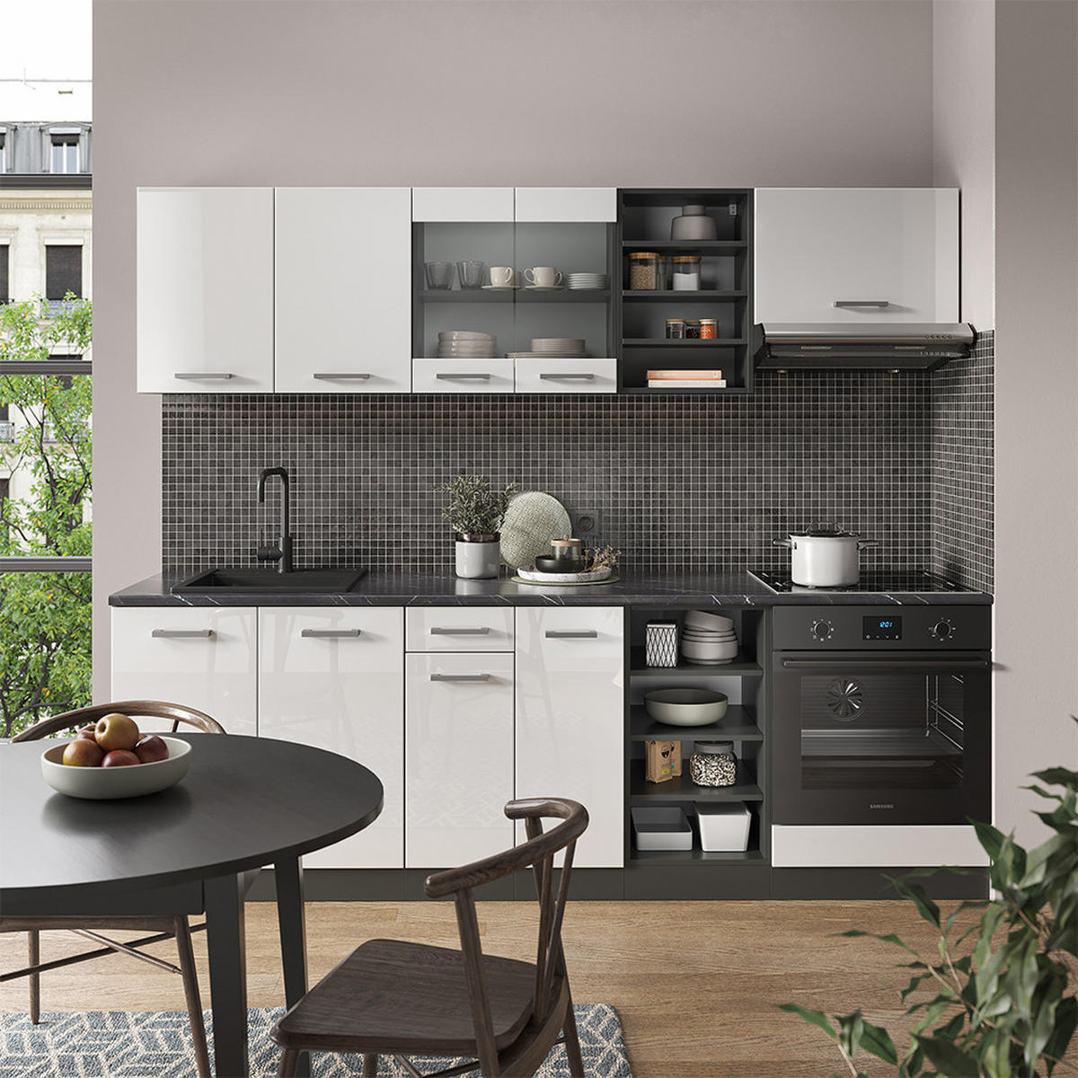 KÜCHENZEILE R-Line Weiß Hochglanz/Anthrazit 240 cm, AP Marmor - Weiß Hochglanz/Anthrazit, Holzwerkstoff (240/81.6/60cm) - Vicco
