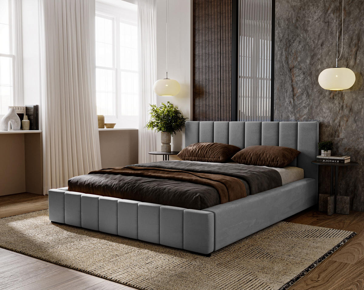 POLSTERBETT Nero 120x200 cm, Doppelbett mit Bettkasten, Lattenrost und Matratze, Velourstoff: Grau - Grau, Holz/Textil (120/200cm) - Marpur