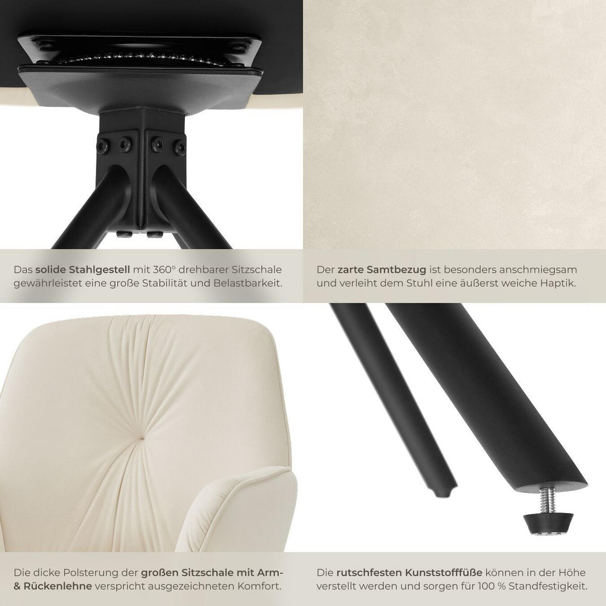 ARMLEHNSTUHL Drehbar Lenia,56,5 x 54 x 86 cm, Samtoptik creme/schwarz - Schwarz/Samtahornfarben, Kunststoff (56.5/86/54cm) - tectake
