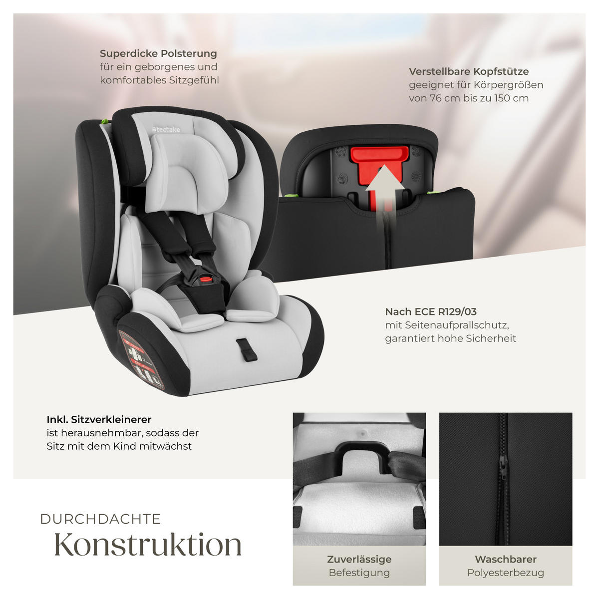 AUTOSITZ Sophie,von 76 bis 150 cm, Belastbarkeit 36 kg,hellgrau/schwarz - Hellgrau/Schwarz, Kunststoff (47/80.5/47cm) - tectake