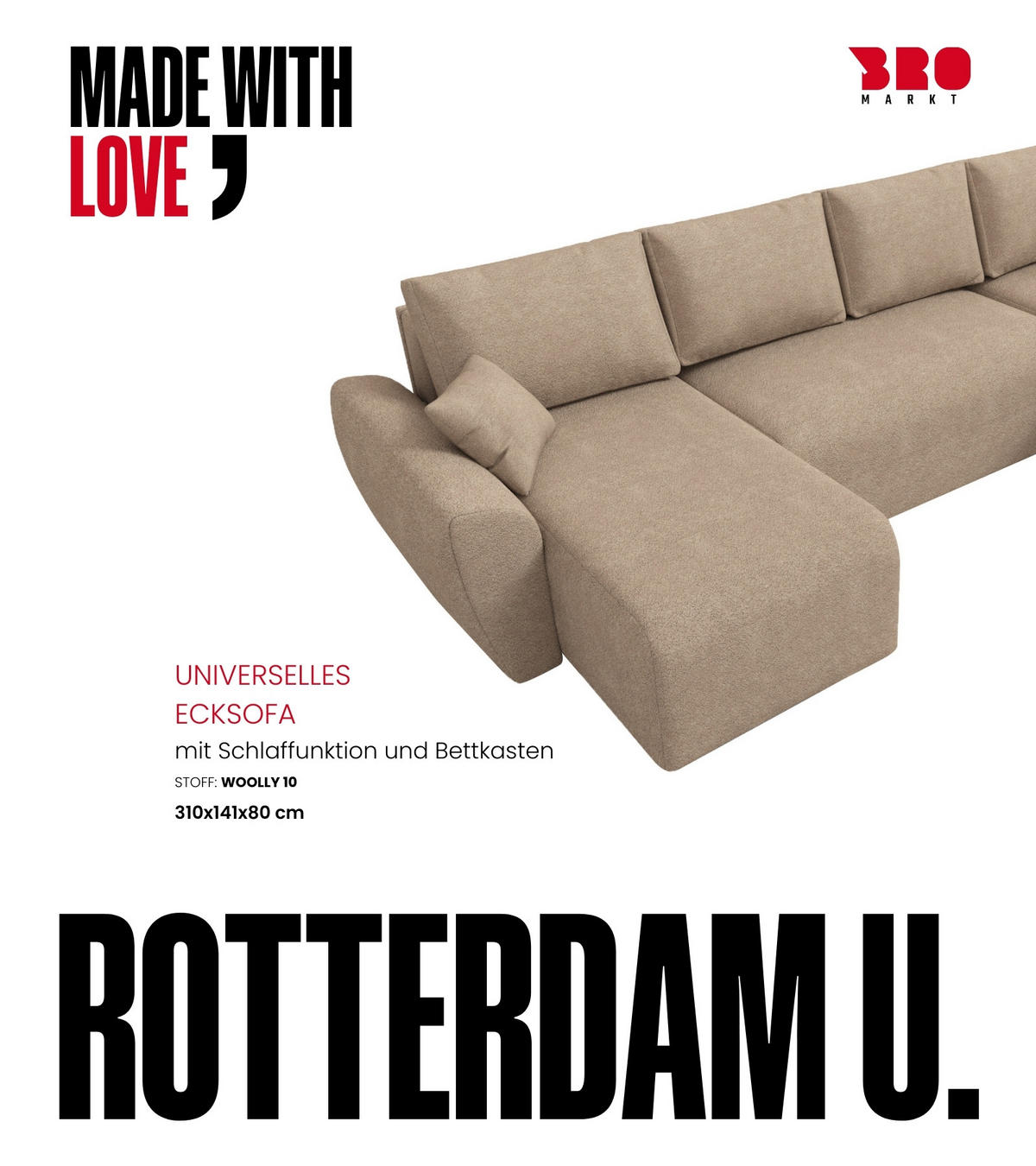 WOHLANDSCHAFT Rotterdam U mit Schlaffunktion Beige Bouclé - Creme, Textil (310/80/141cm) - Bromarkt