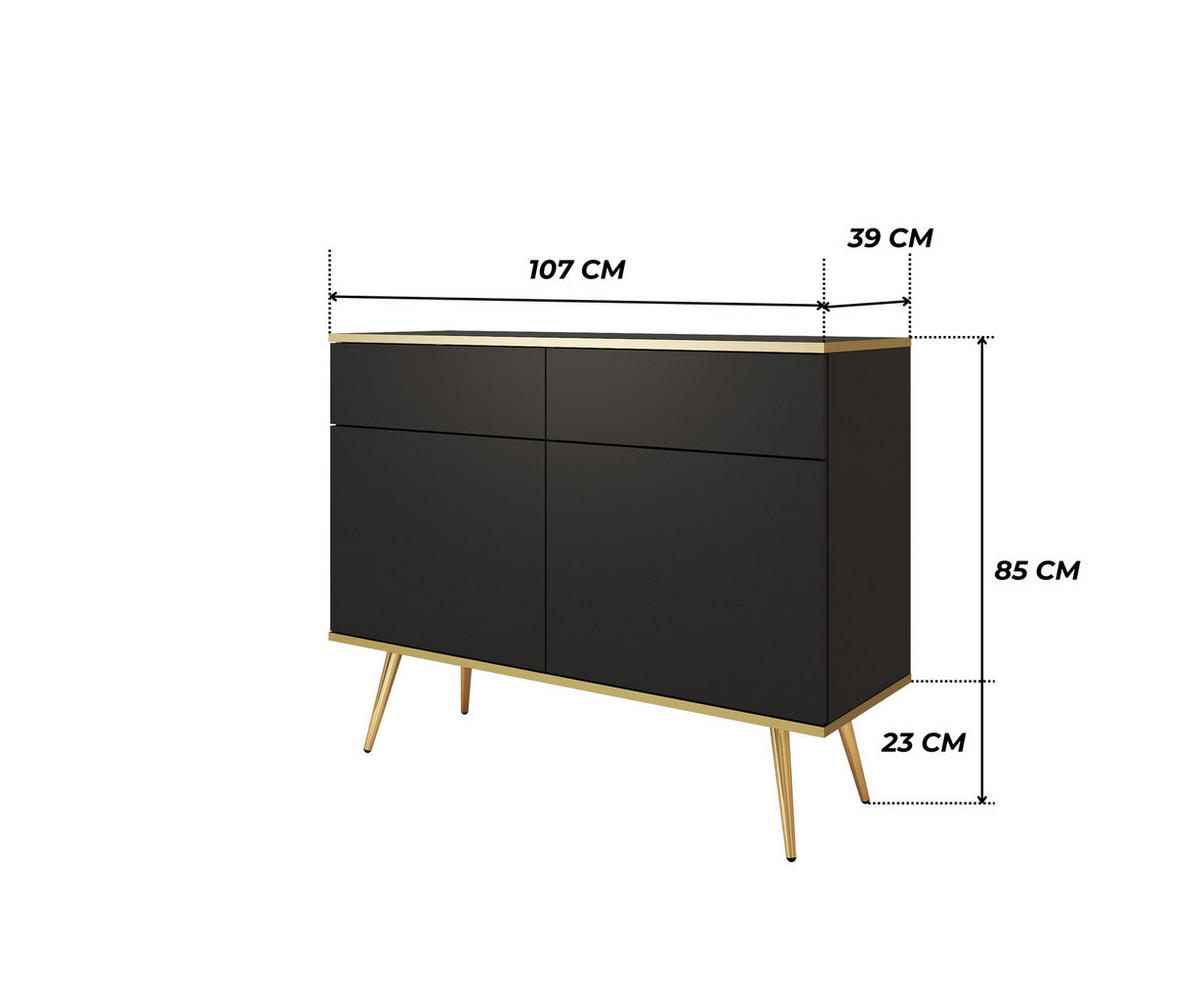 KOMMODE FORNO (Schwarz, Goldene Details, 2 Türen, 2 Schubladen, goldene Metallfüße) - Gelb/Goldfarben, Holz/Holzwerkstoff (107/85/39cm) - Ravio