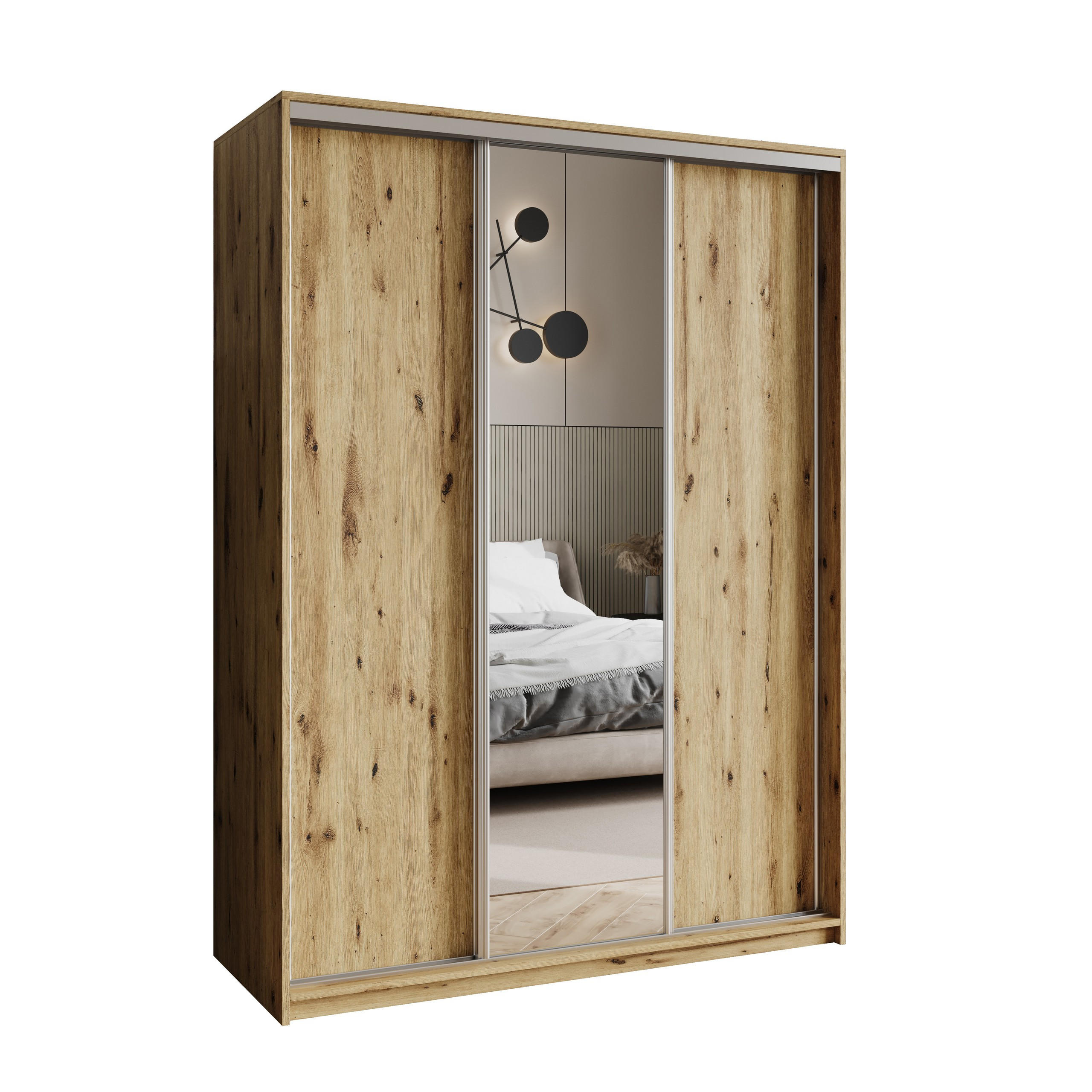 SCHWEBETÜRENSCHRANK TAVI 150/205/60 cm 3-türig mit Spiegel Eiche Artisan - Eiche Artisan, Holzwerkstoff (150/205/60cm) - MASSENO