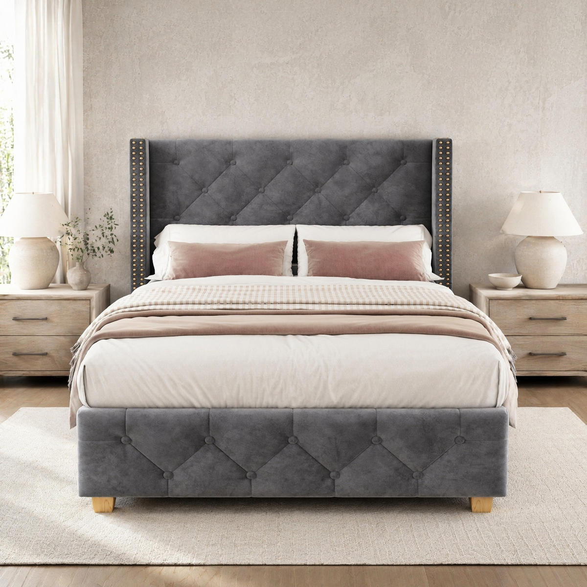 POLSTERBETT 90/200 mit Lattenrost und Knopfpolsterung in Grau - Grau, Holzwerkstoff/Textil (90/200cm) - EVRYAE