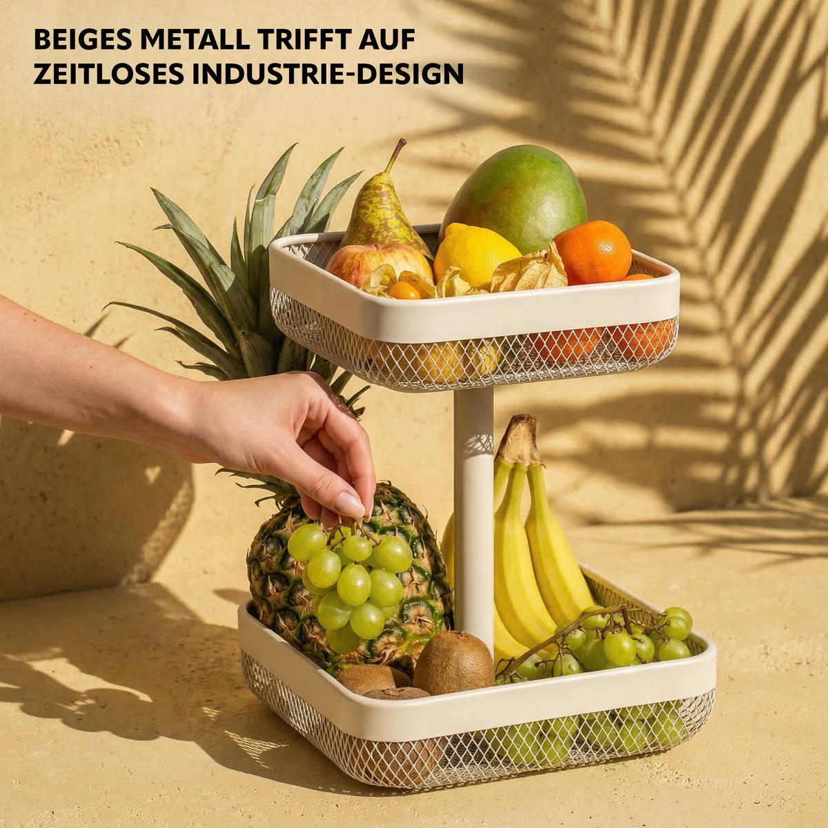 OBSTETAGERE, eckig, 2-stöckig, Ø 20 cm und 25 cm, beige, Metall - Beige, Metall (30cm) - eluno