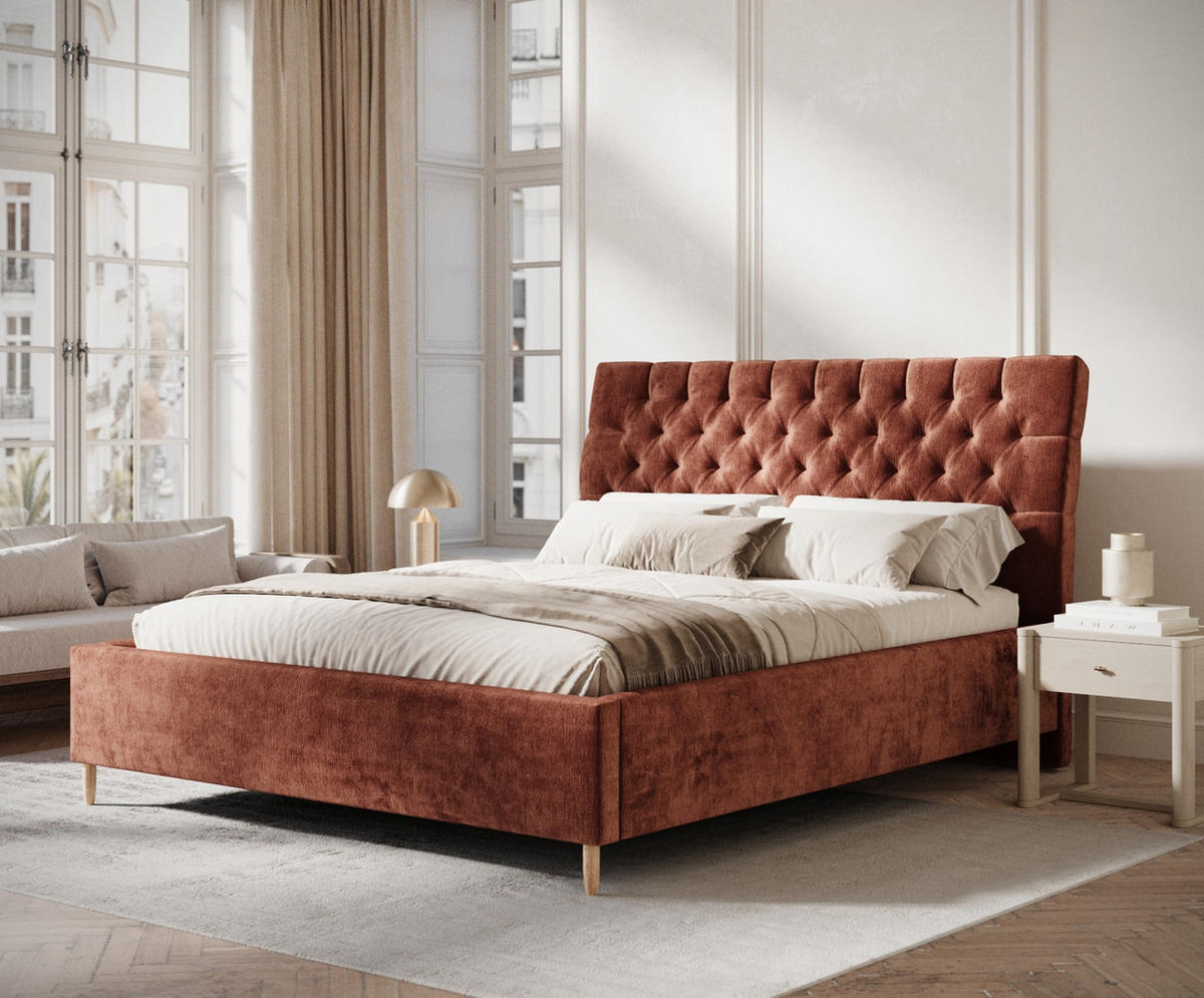 POLSTERBETT Vezzola Kupferfarbe 120/200 cm im Chenille-Stoff - Naturfarben/Kupferfarben, Holz/Holzwerkstoff (120/200cm) - Maison de Reve