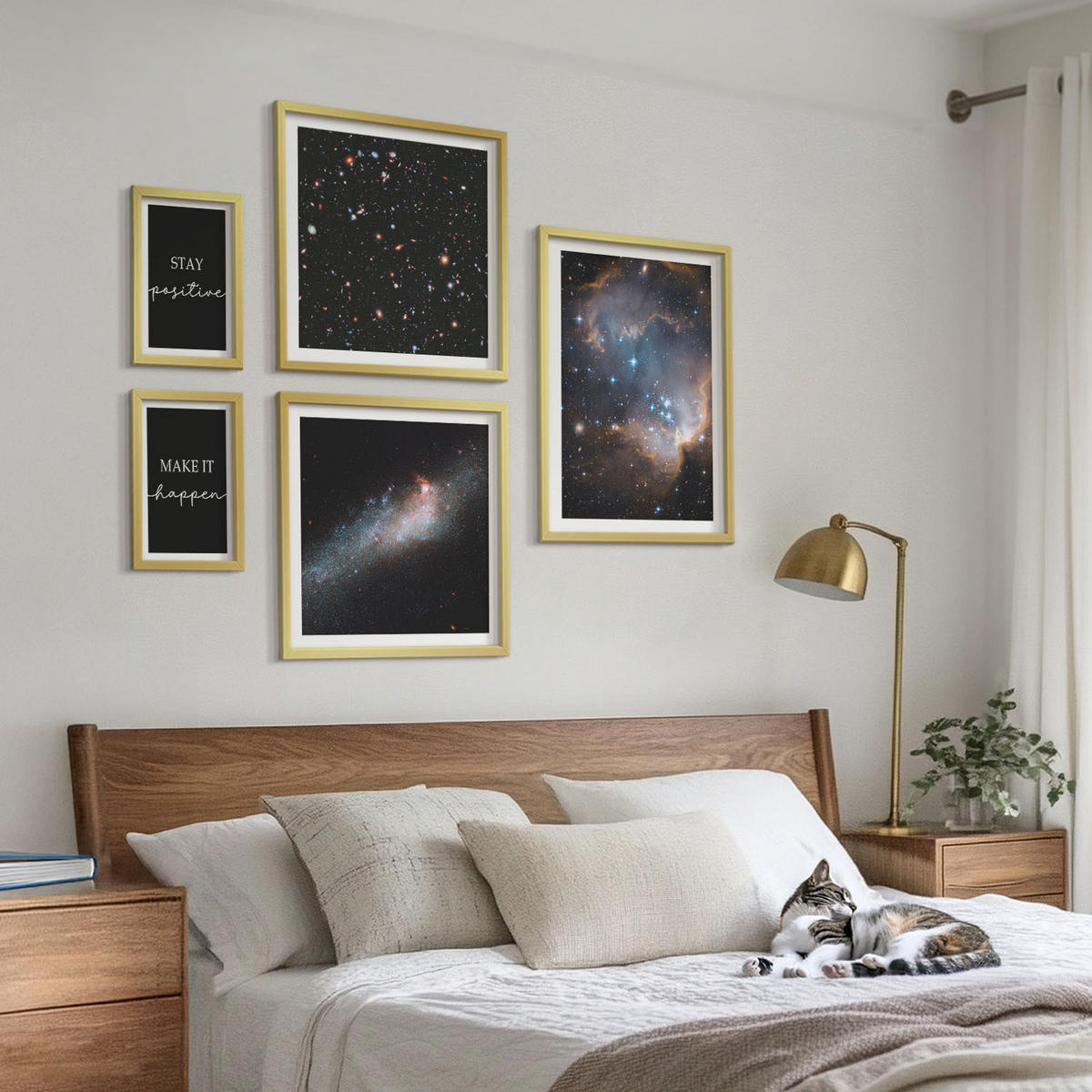 BILDER SET 5er Set - 50x50 cm & 20x30 cm & 40x60 cm Goldrahmen - Motivationsslogans Sterne Weltraum - Goldfarben, Kunststoff (40/60cm) - TULUP