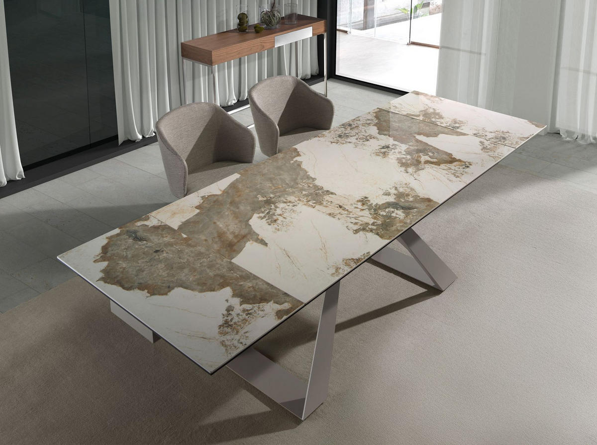 ESSTISCH Rechteckiger ausziehbarer Esstisch aus Porzellanmarmor und taupefarbenem Stahl 160/90/76 cm - Goldfarben/Weiß, Stein (90/160/76cm) - ANGEL CERDA