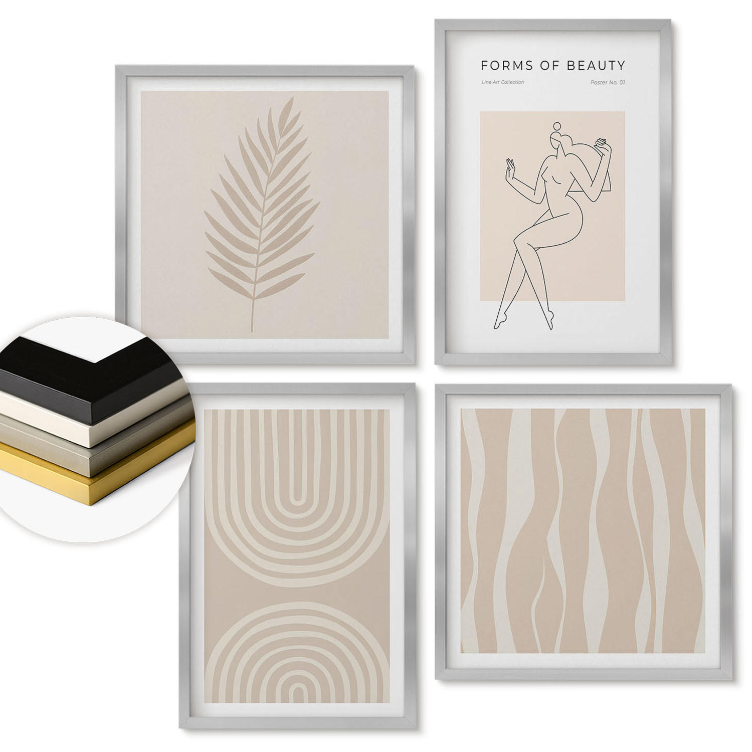 WANDBILDER 4er Set - 50x50 cm & 40x60 cm Silberner Rahmen - Abstrakte Boho-Dekorationen - Silberfarben, Kunststoff (50/50cm) - ArtPrintCave