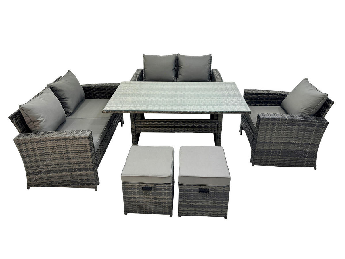 BALKONMÖBEL-SETS mit 2-Sitzer Sofa,2 Hockern,Esstisch Polyrattan Dunkelgrau 7-Sitzer - Dunkelgrau/Grau, Glas/Kunststoff - Fimous