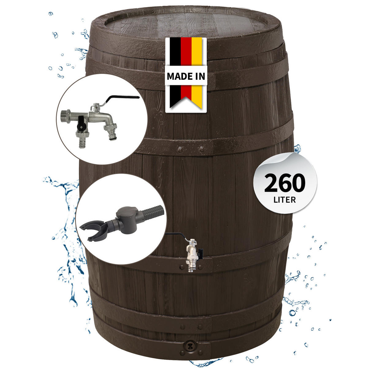 REGENTONNE Komplett-Set 260 L, braun inkl. Chrom-Doppelauslaufhahn und Fallrohranschluss - Braun, Kunststoff (65/93/66cm) - GARANTIA