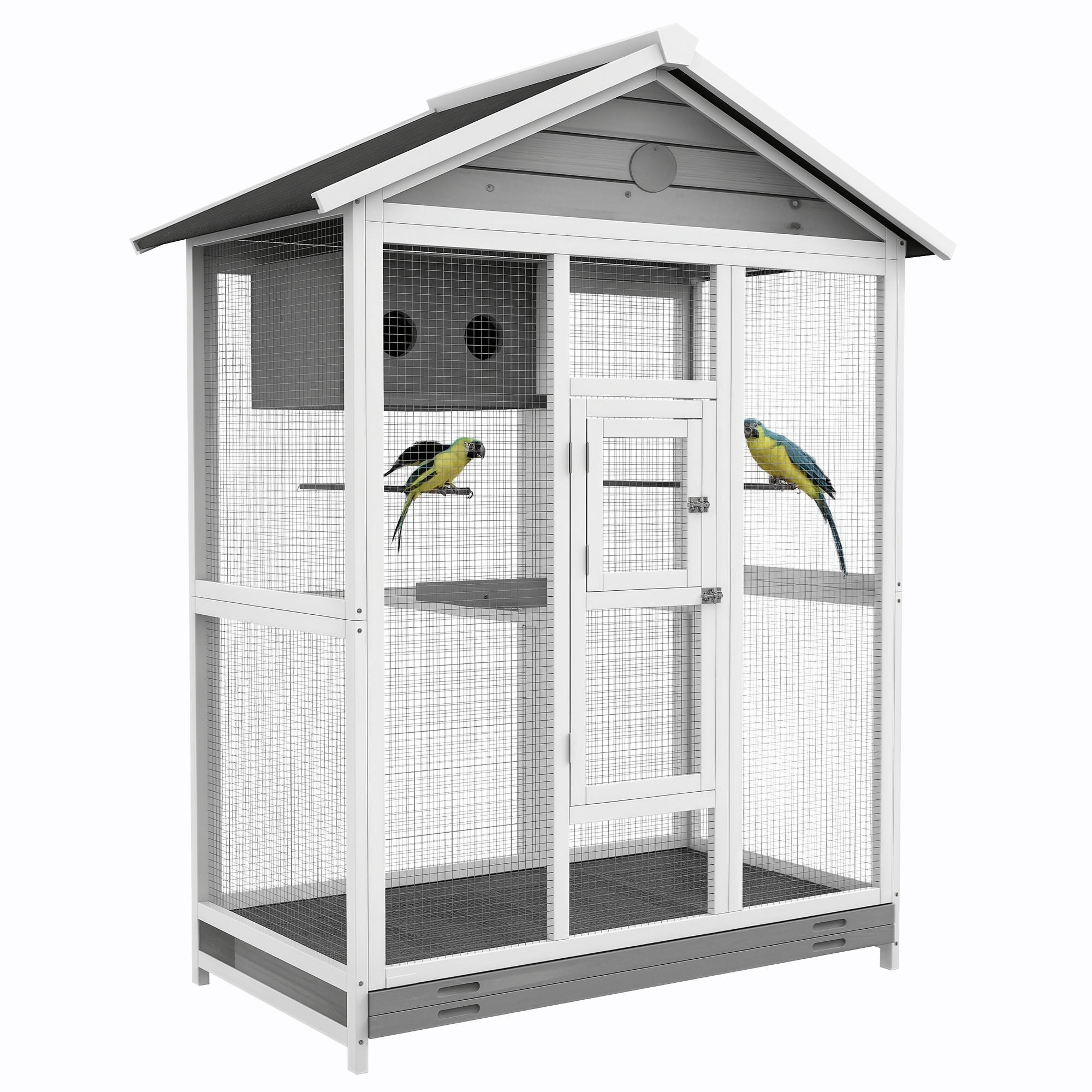 VOGELKÄFIG DE-10751 mit Asphaltdach & 4 Sitzstangen Natur - Weiß, Holzwerkstoff (68/154/112cm) - ComfortXL