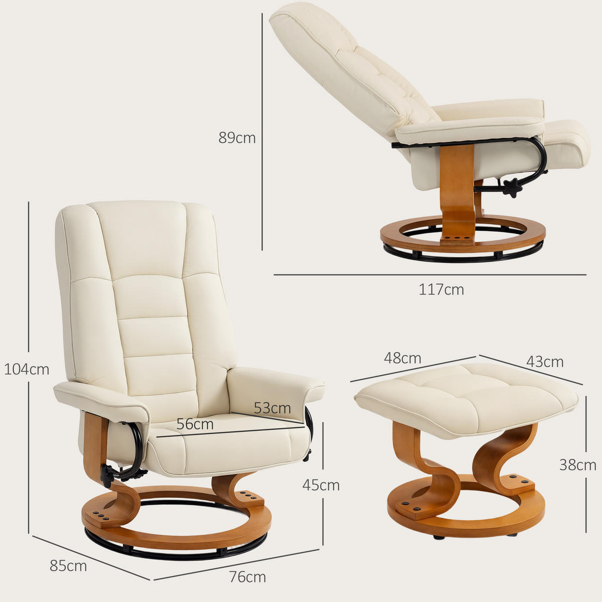 RELAXSESSEL-MIT-HOCKER 2er Set Kunstleder Holz Cremeweiß - Creme/Naturfarben, Holz/Kunststoff (85/104/76cm) - HOMCOM