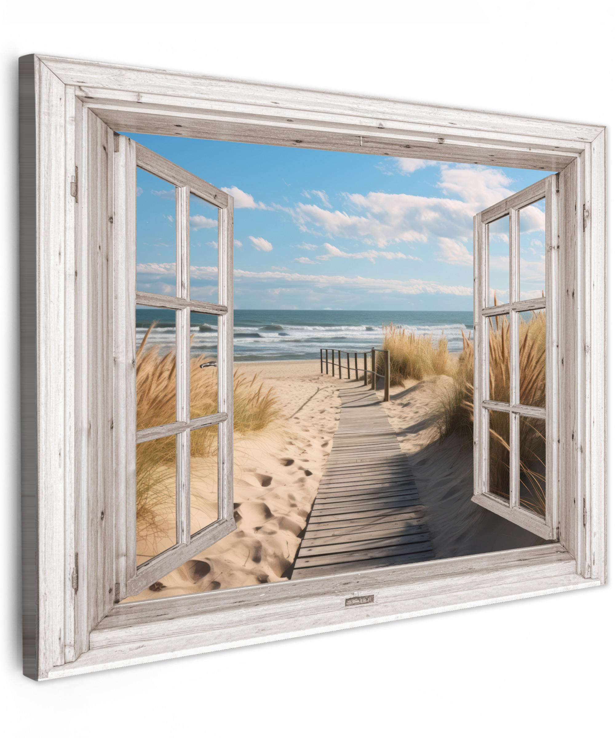 LEINWANDBILD Fenster - Meer - Küste - Natur - Ausblick - Strand - Wattenmeer 40x30 cm - Beige, Textil (40/30cm) - MuchoWow