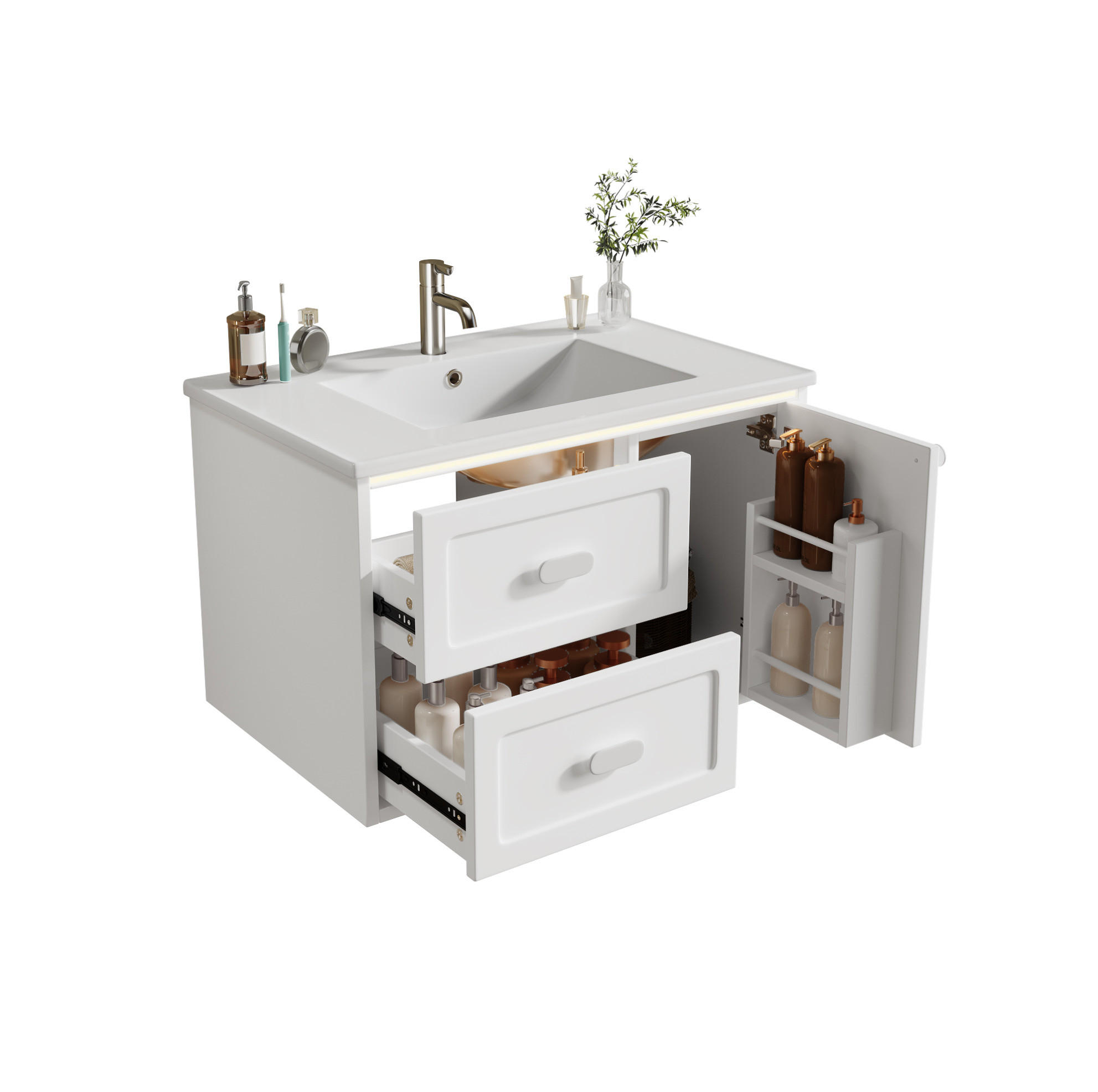 OKWISH ZÁVĚSNÁ koupelnová skříňka s umyvadlem 76/46/51 cm bílá z MDF a keramiky s LED senzorem
