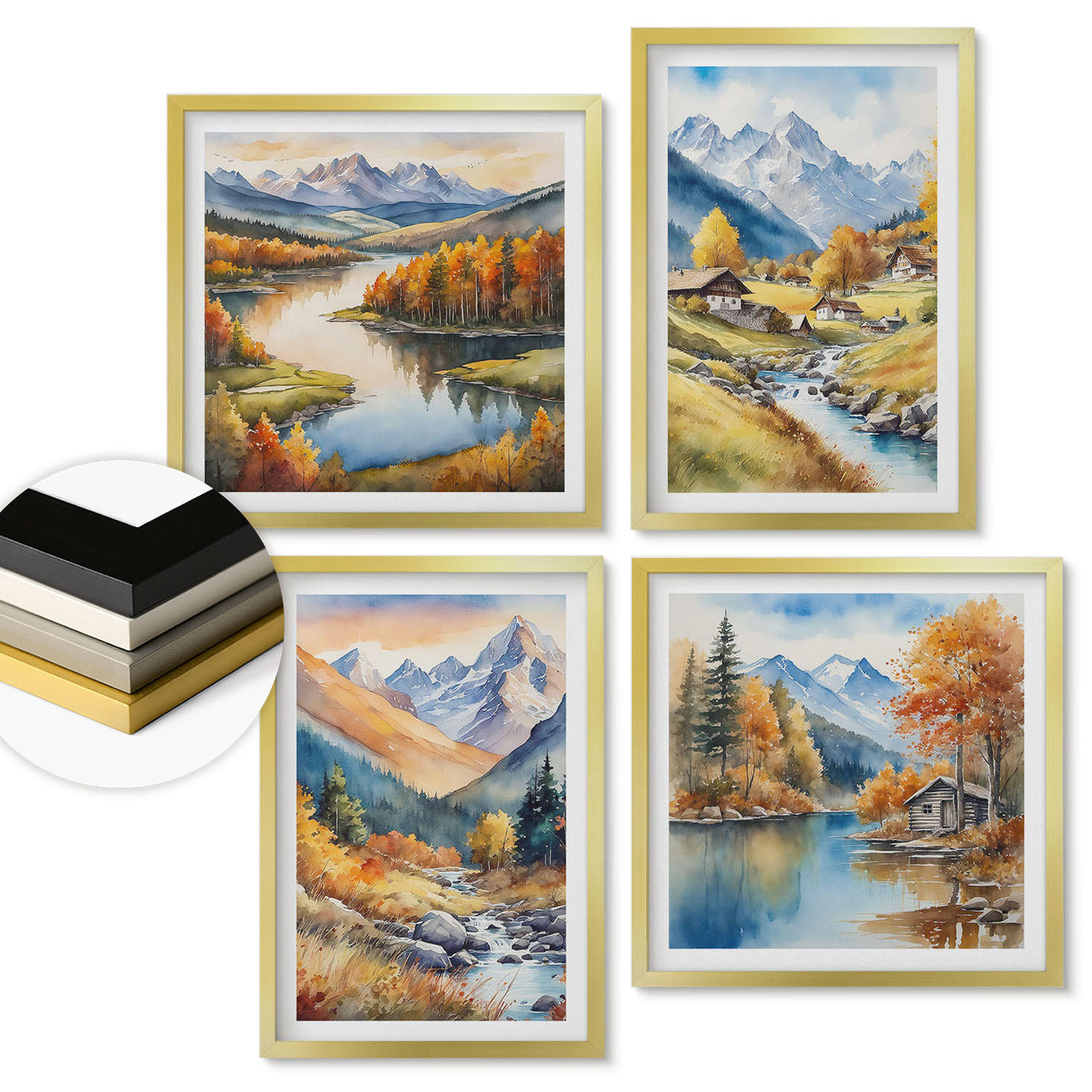 WANDBILDER 4er Set - 50x50 cm & 40x60 cm Goldrahmen - Herbstliche Naturlandschaften - Goldfarben, Kunststoff (50/50cm) - ArtPrintCave