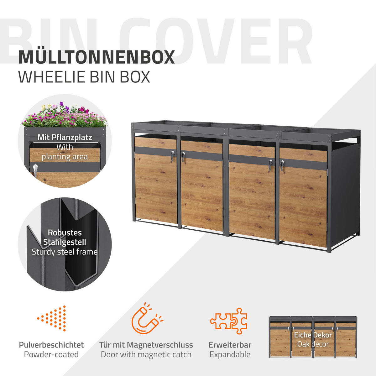 SADA 4 popelnic s rostlinnou střechou, antracitová barva s dřevěným vzhledem - hnědá, kov (264/124/80cm) - ML-DESIGN