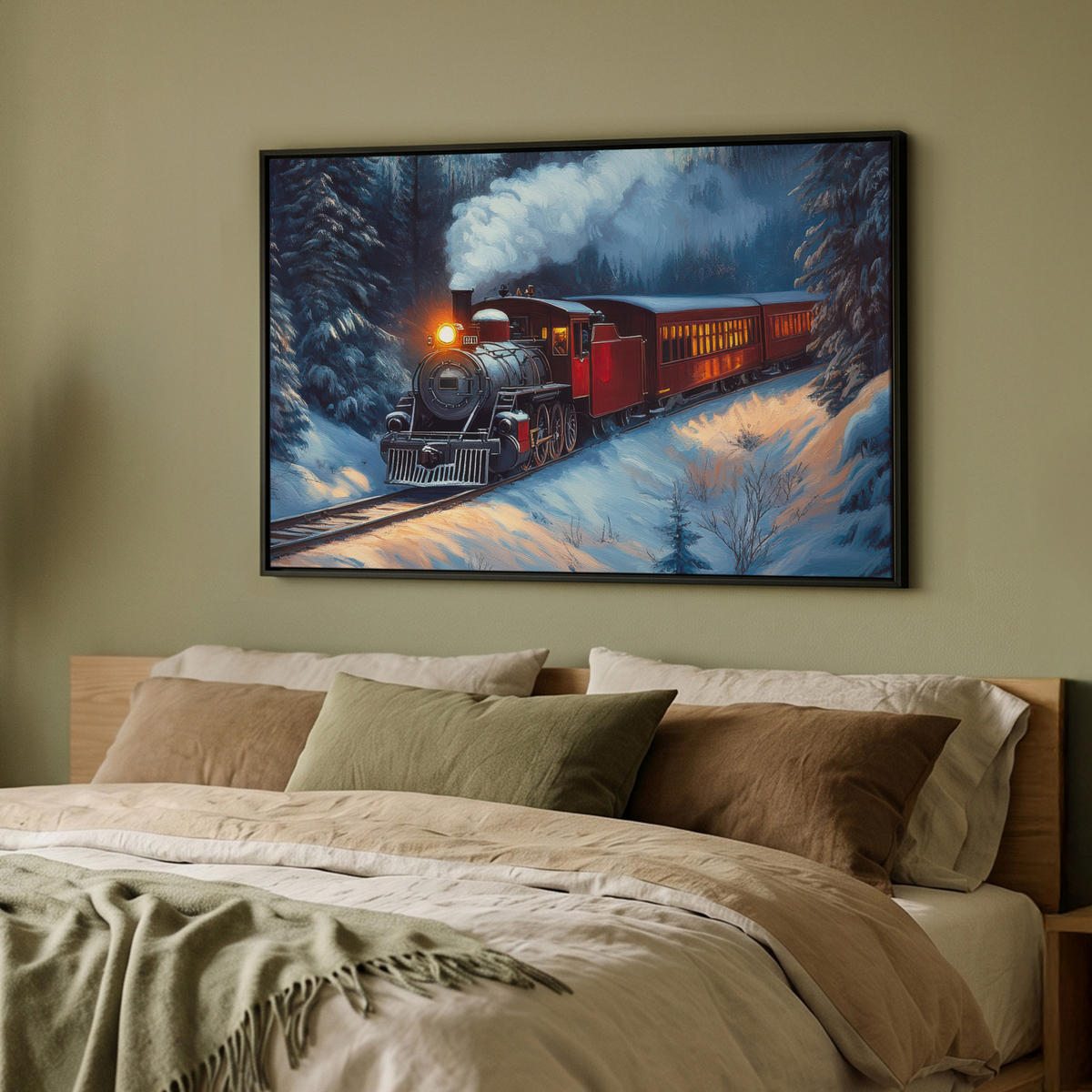 LEINWAND Bilder mit Rahmen - Zug - Weihnachten - Schnee - Weihnachtszug - 90x60 - Anthrazit, Textil (90/60cm) - MuchoWow