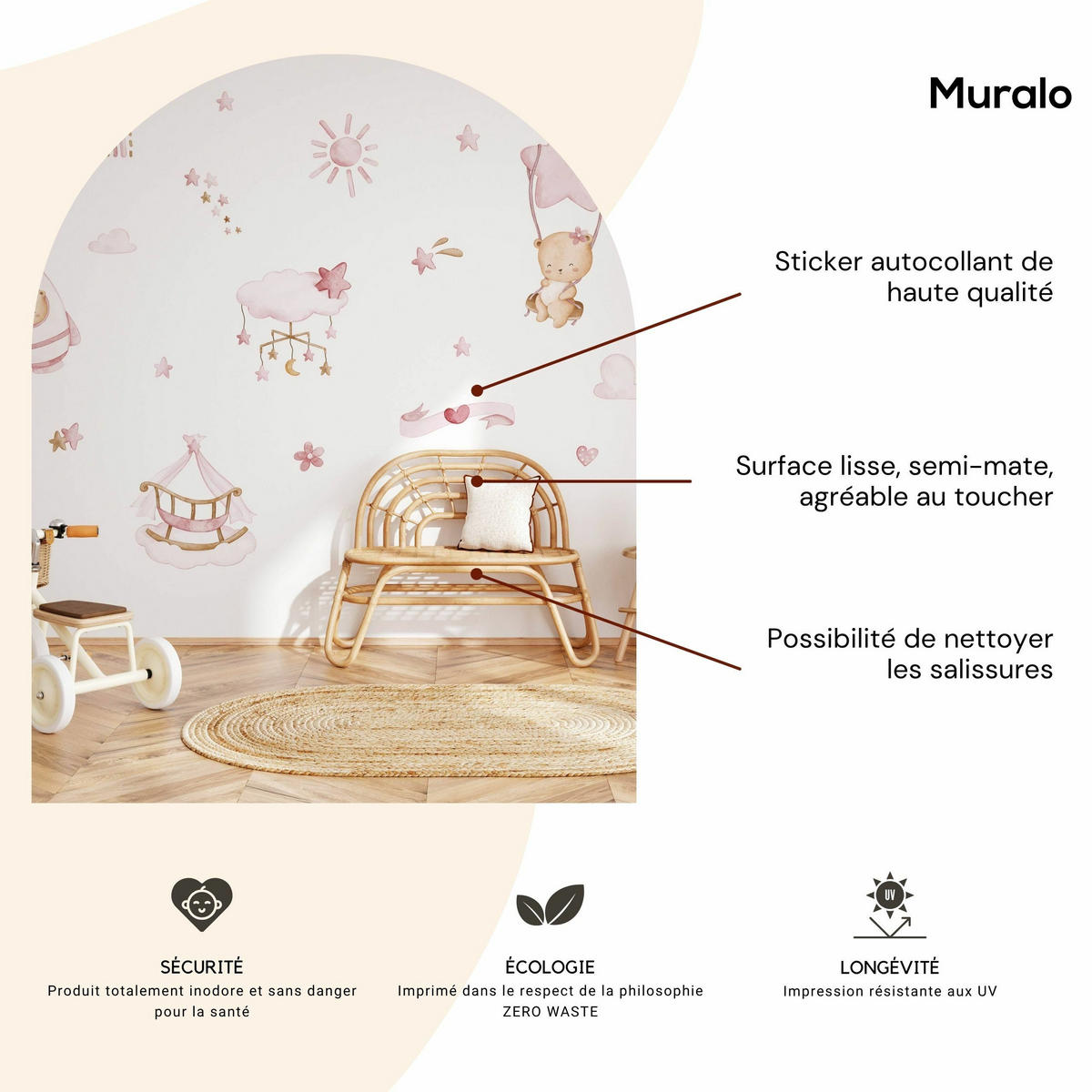 WANDTICKER Teddybären rosa Wolken Sterne 60x30 - Beige/Rosa, Papier (60/30/1cm) - Muralo