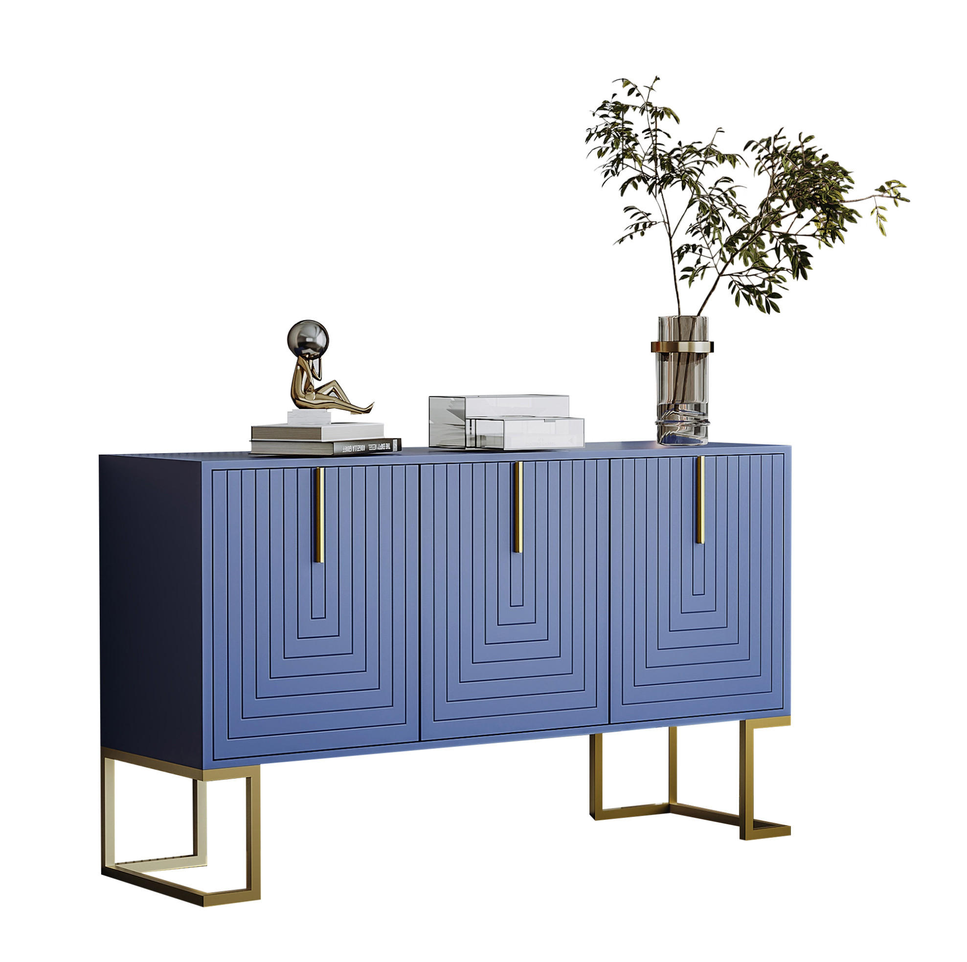 SIDEBOARD in Navy Blau mit 3 Türen, verstellbaren Regalböden und Metallbasis,138/80.5/40 cm - Blau, Holzwerkstoff (138/80.5/40cm) - Flora Grace