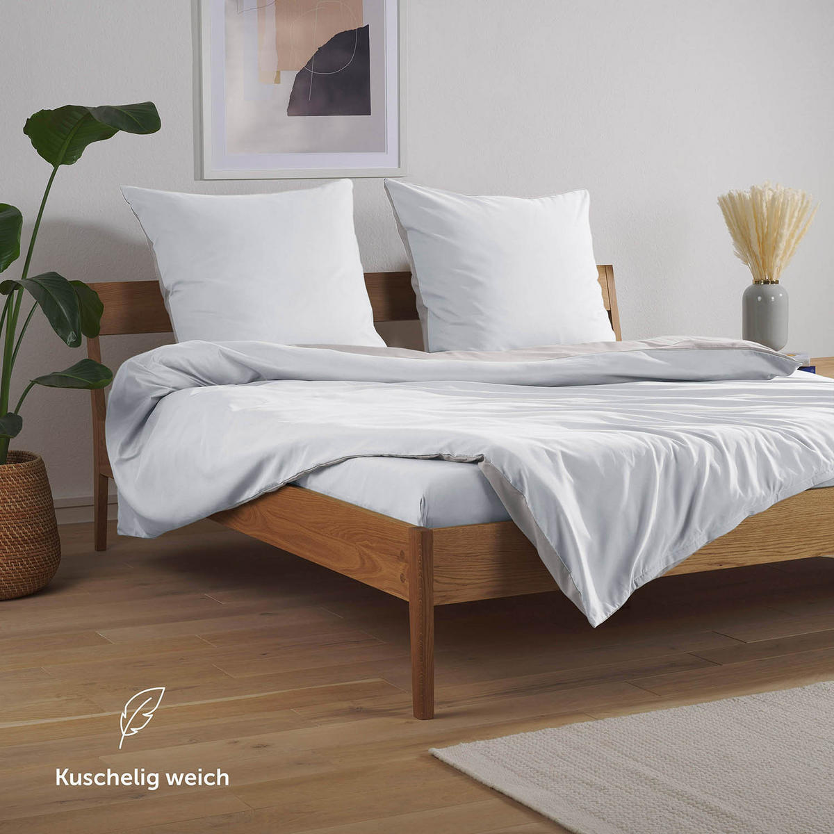 WENDEBETTWÄSCHE Ebba 155/200 cm 2 mal 40/80 cm, Weiß und Hellgrau - Hellgrau/Weiß, Textil (155/200cm) - Blumtal
