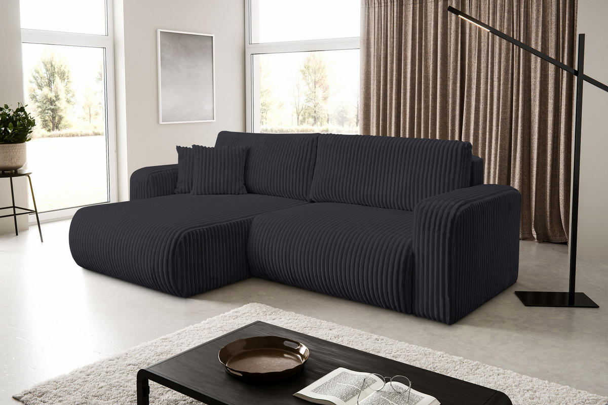 ECKSOFA mit Schlaffunktion Tilly, Schwarz Cordstoff - Schwarz, Textil (244/142cm) - VENASI MÖBEL