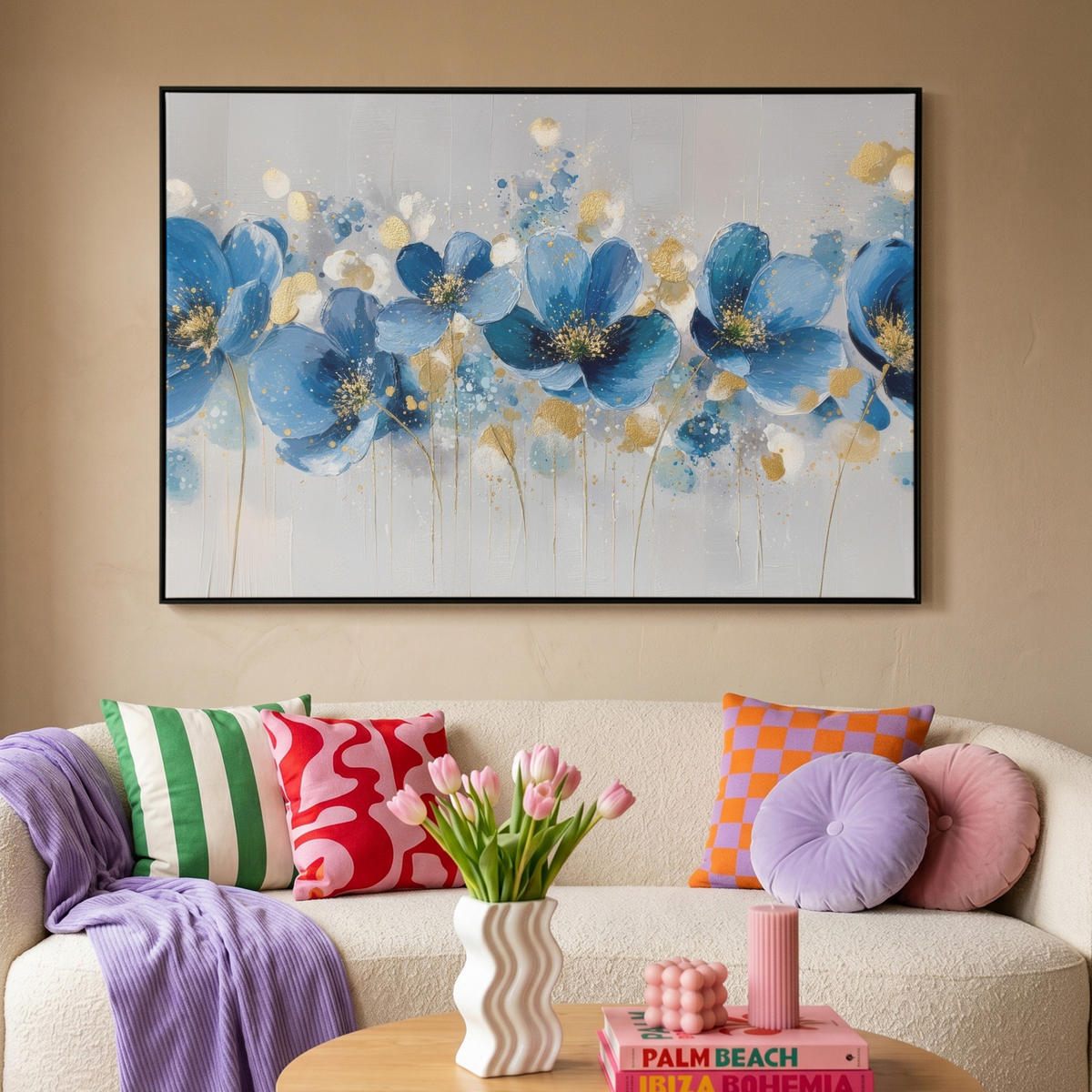 LEINWAND Bilder mit Rahmen - Blumen - Blau - Abstrakt - 150x100 - Hellgrau, Textil (150/100cm) - MuchoWow
