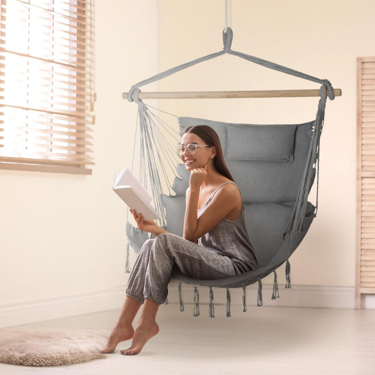HÄNGESESSEL mit 3 Kissen 75/100/130 cm, bis 140 kg - Grau, Textil (100/130/75cm) - Outtec