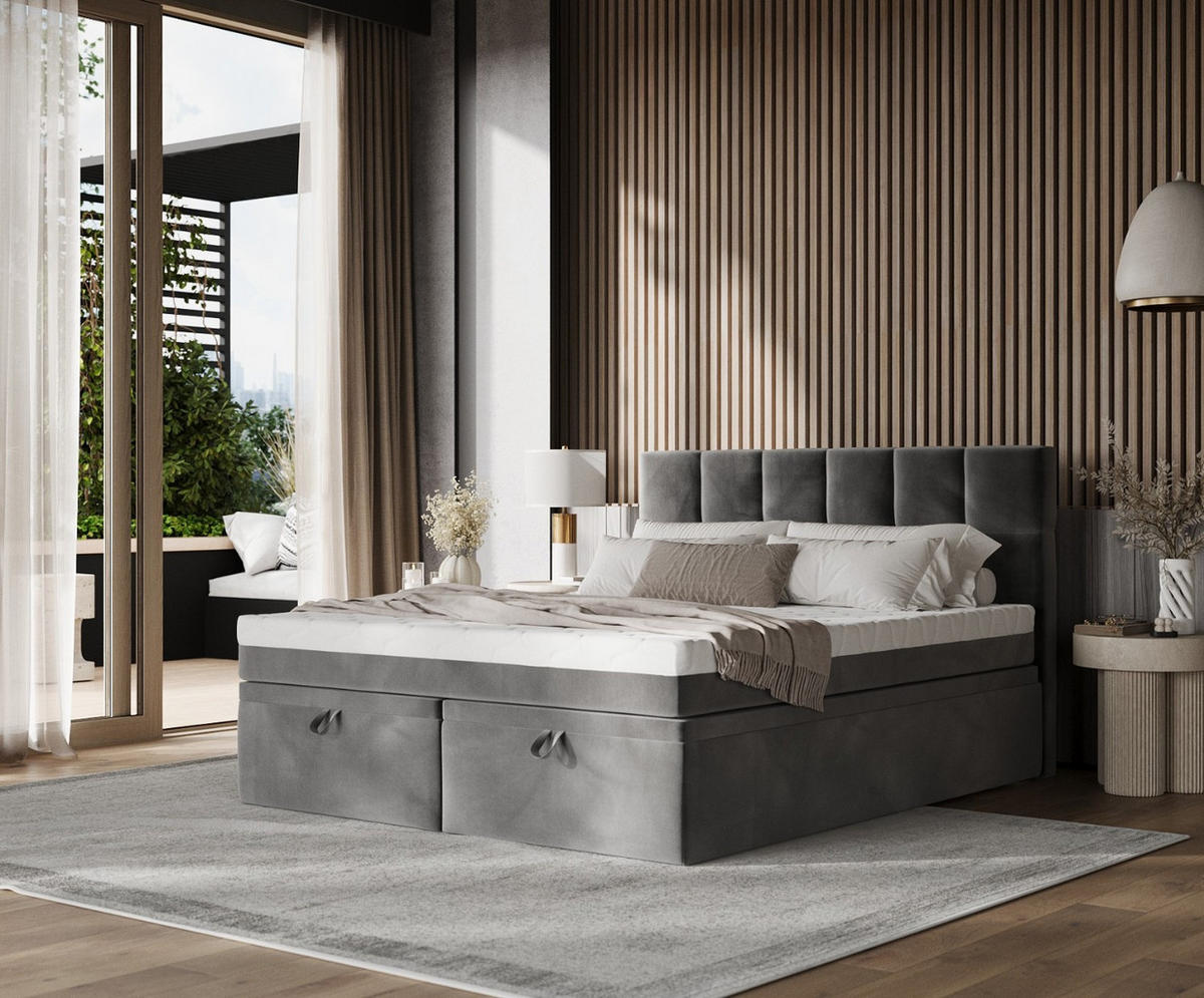 BOXBETT Elano 180/200 cm Grau im Kronos Stoff - Schwarz/Grau, Holz/Holzwerkstoff (180/200cm) - AltaBeds