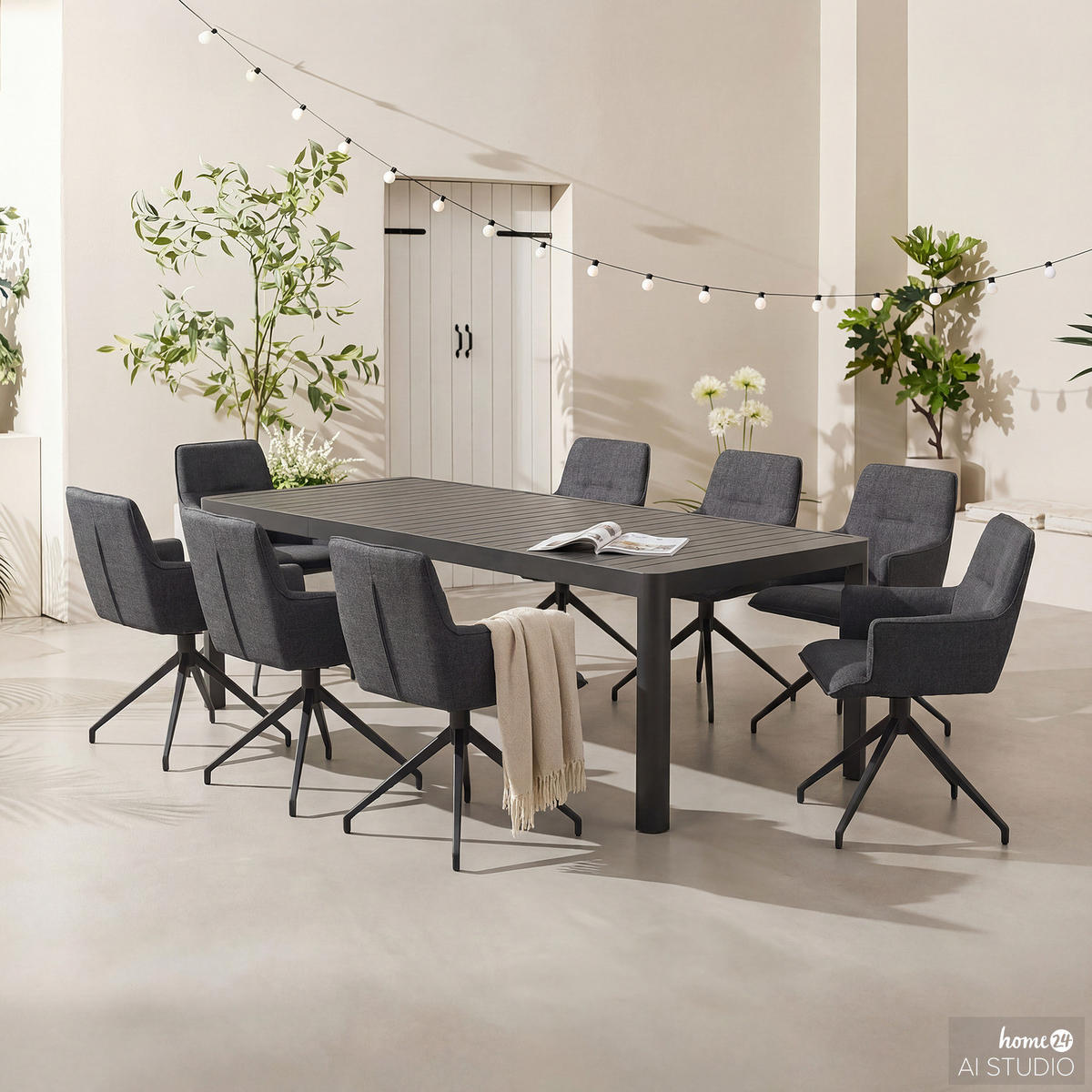 GARTENESSGRUPPE - 9-teilig - Stahl / Polyester - Dunkelbraun, Textil/Metall - home24