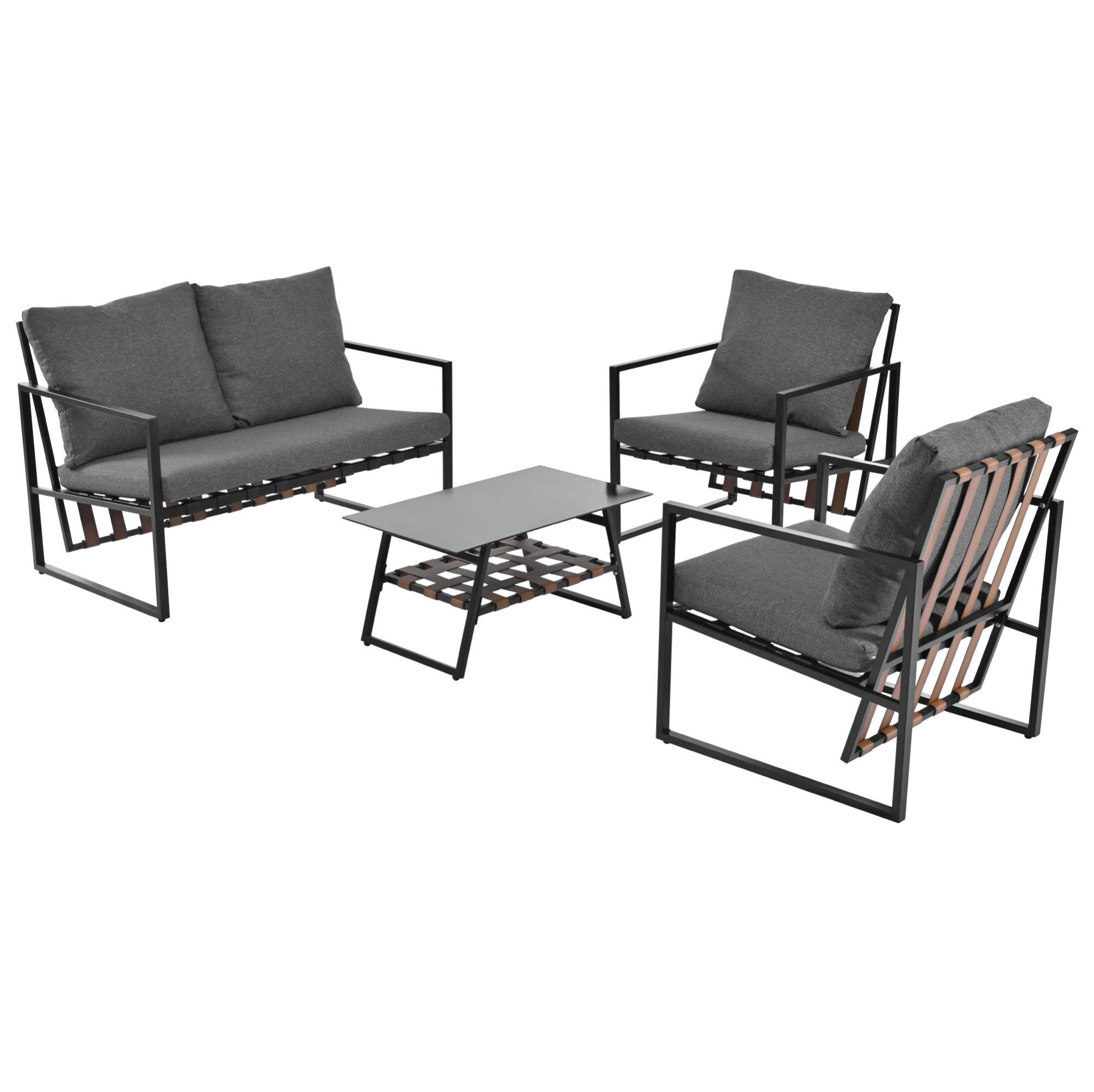 GARTENLOUNGE für 4 Personen mit Couchtisch, Ablage, waschbaren Kissenbezügen und Hartglasplatte, Schwarz - Schwarz, Kunststoff - Redom